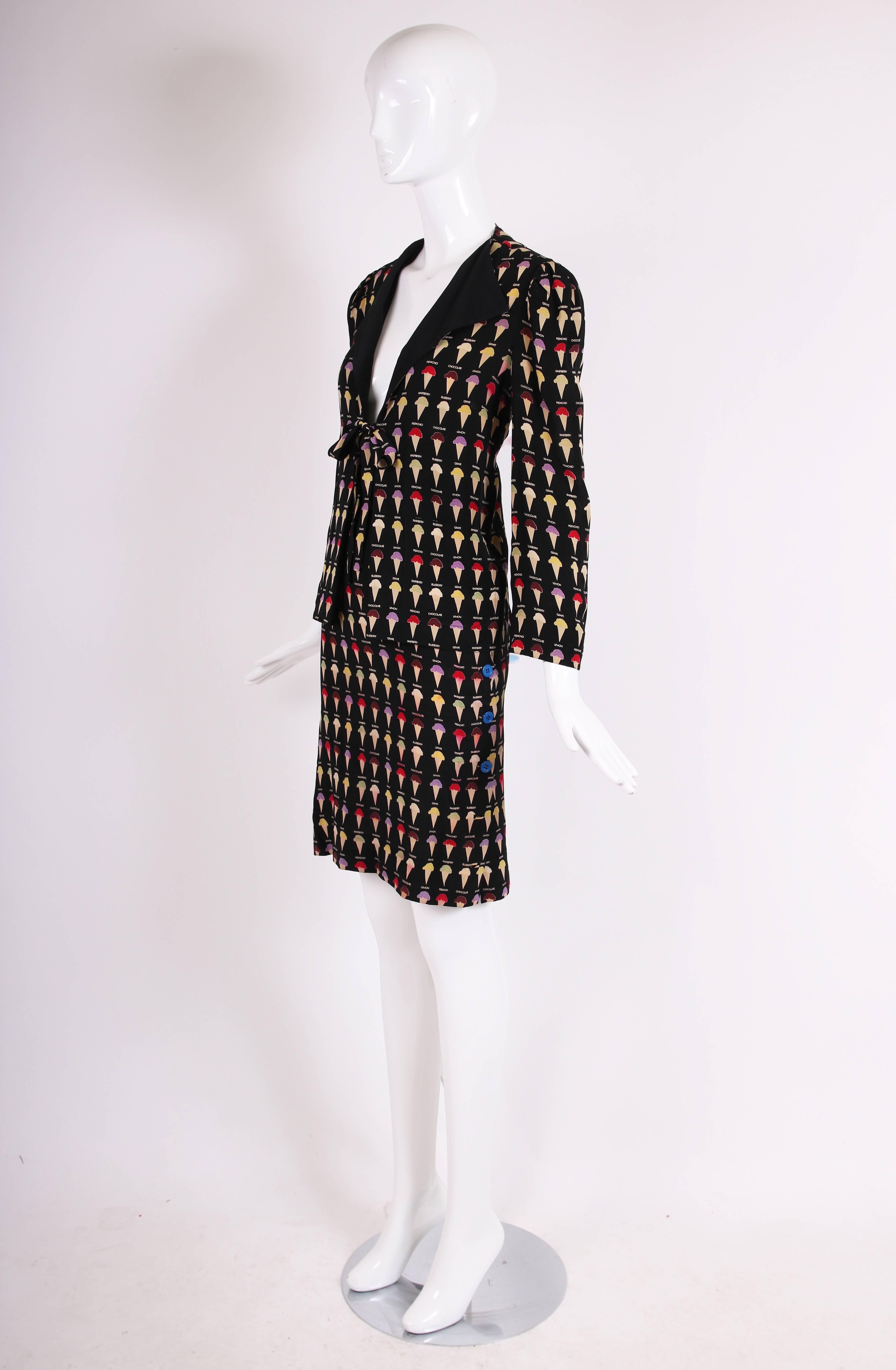 Black 1970's John Bates Silk Novelty Ice Cream Print Skirt & Jacket Ensemble