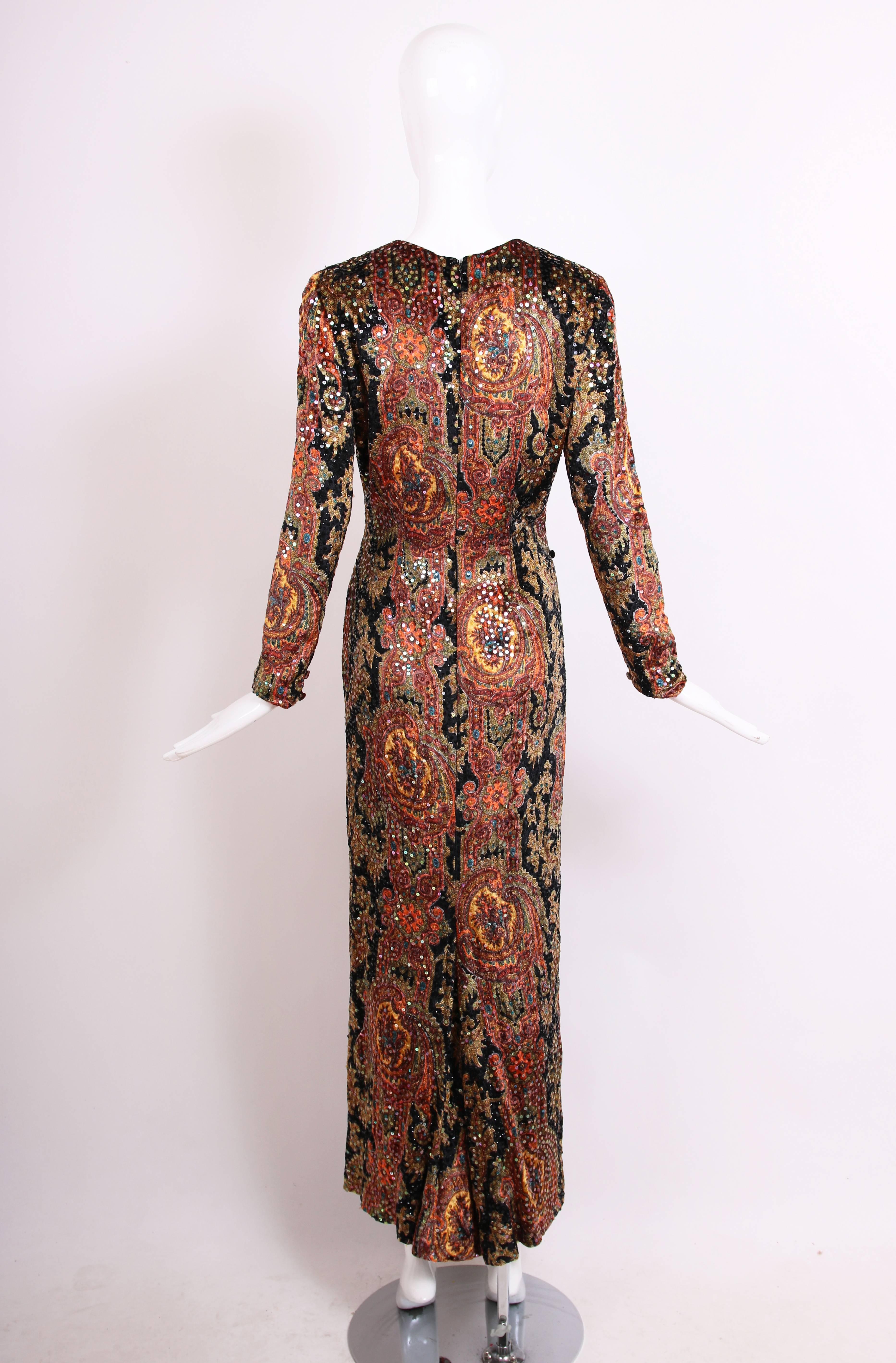 Brown Bill Blass Silk Velvet Paisley Print Sequined Evening Gown