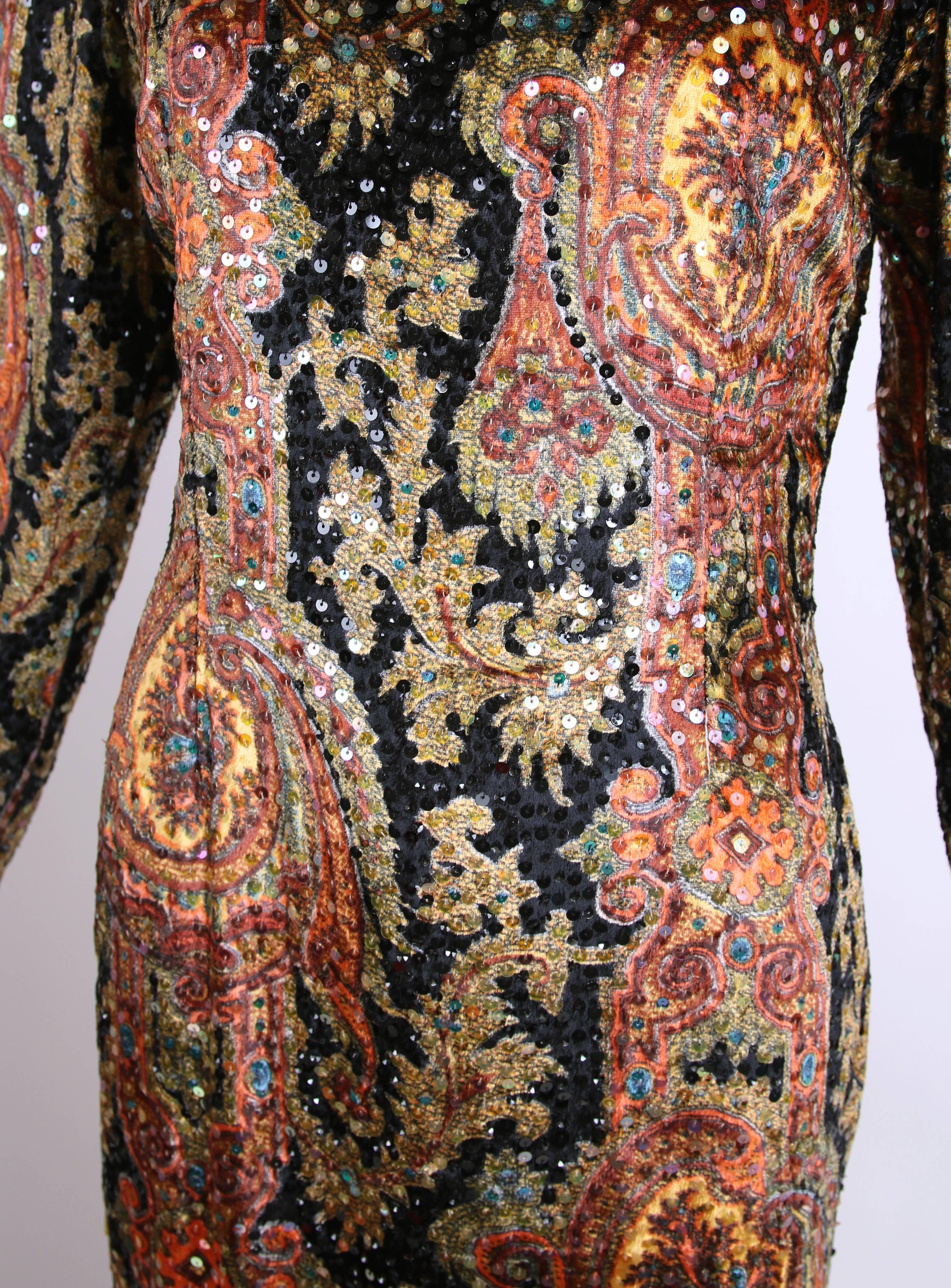 Bill Blass Silk Velvet Paisley Print Sequined Evening Gown In Excellent Condition In Studio City, CA