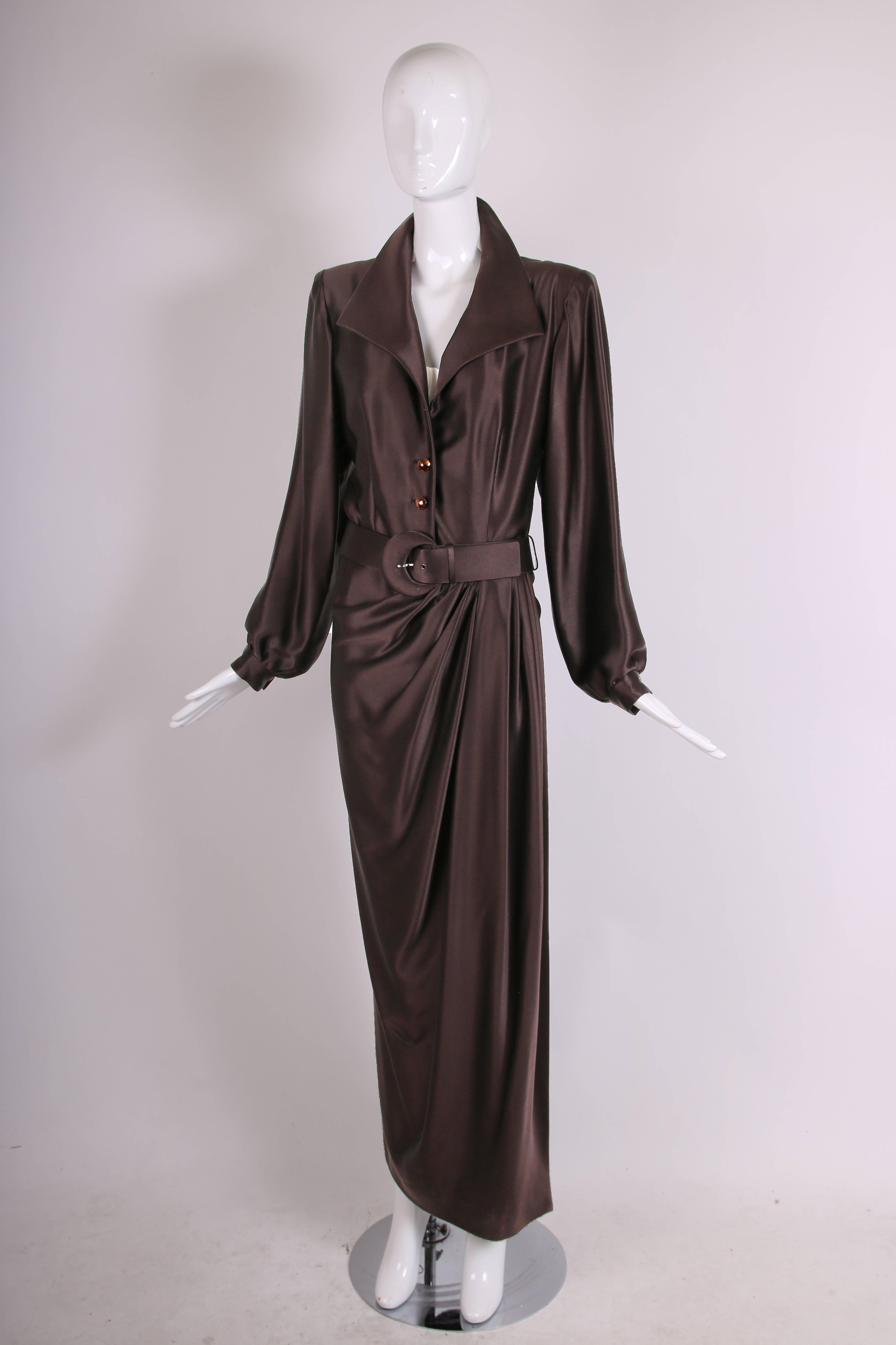 Black Yves Saint Laurent YSL Haute Couture Brown Silk Gown with Matching Belt, 1989 