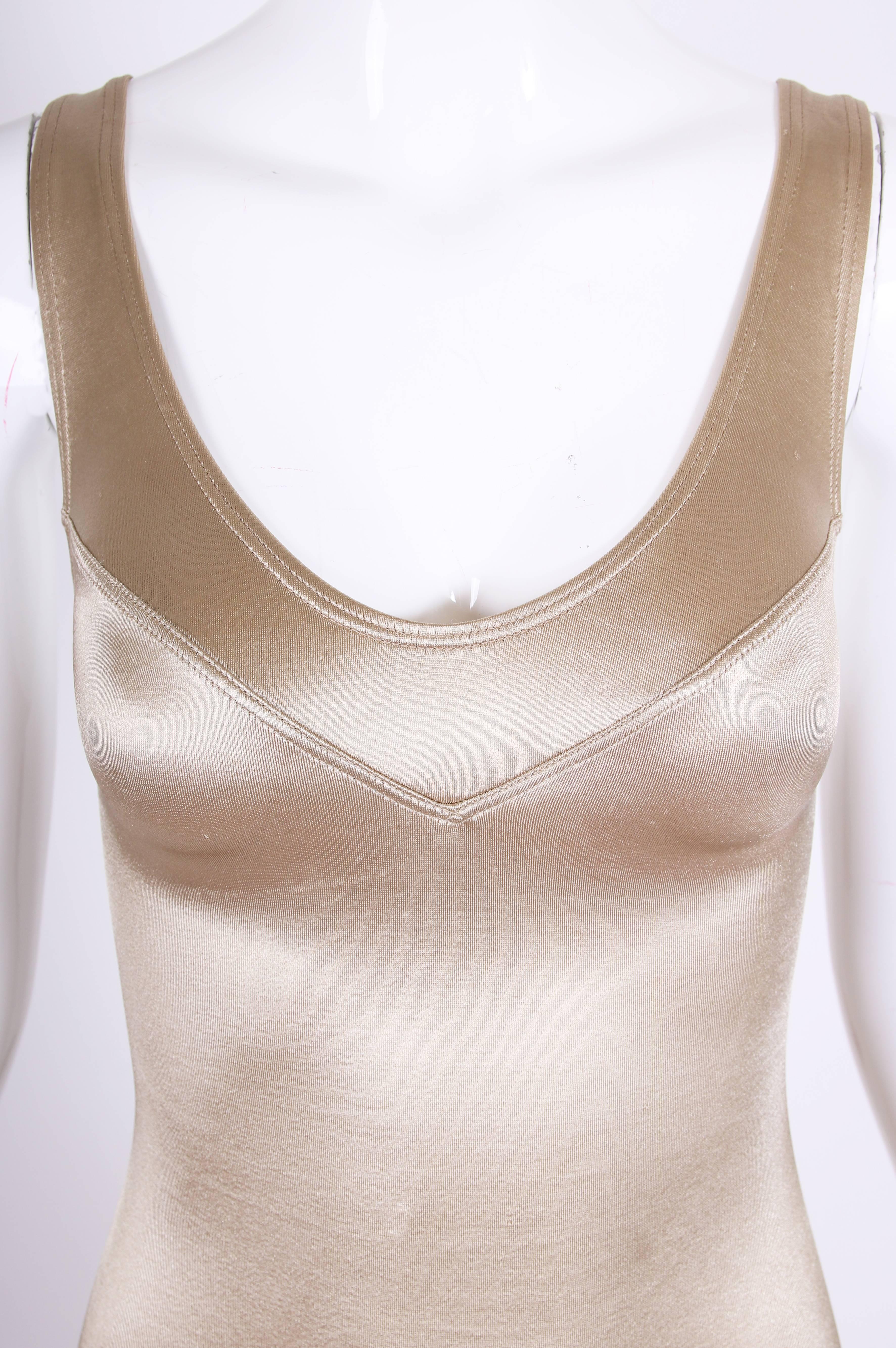 Beige Azzedine Alaia Vintage Champagne Colored Stretch Satin Bathing Suit