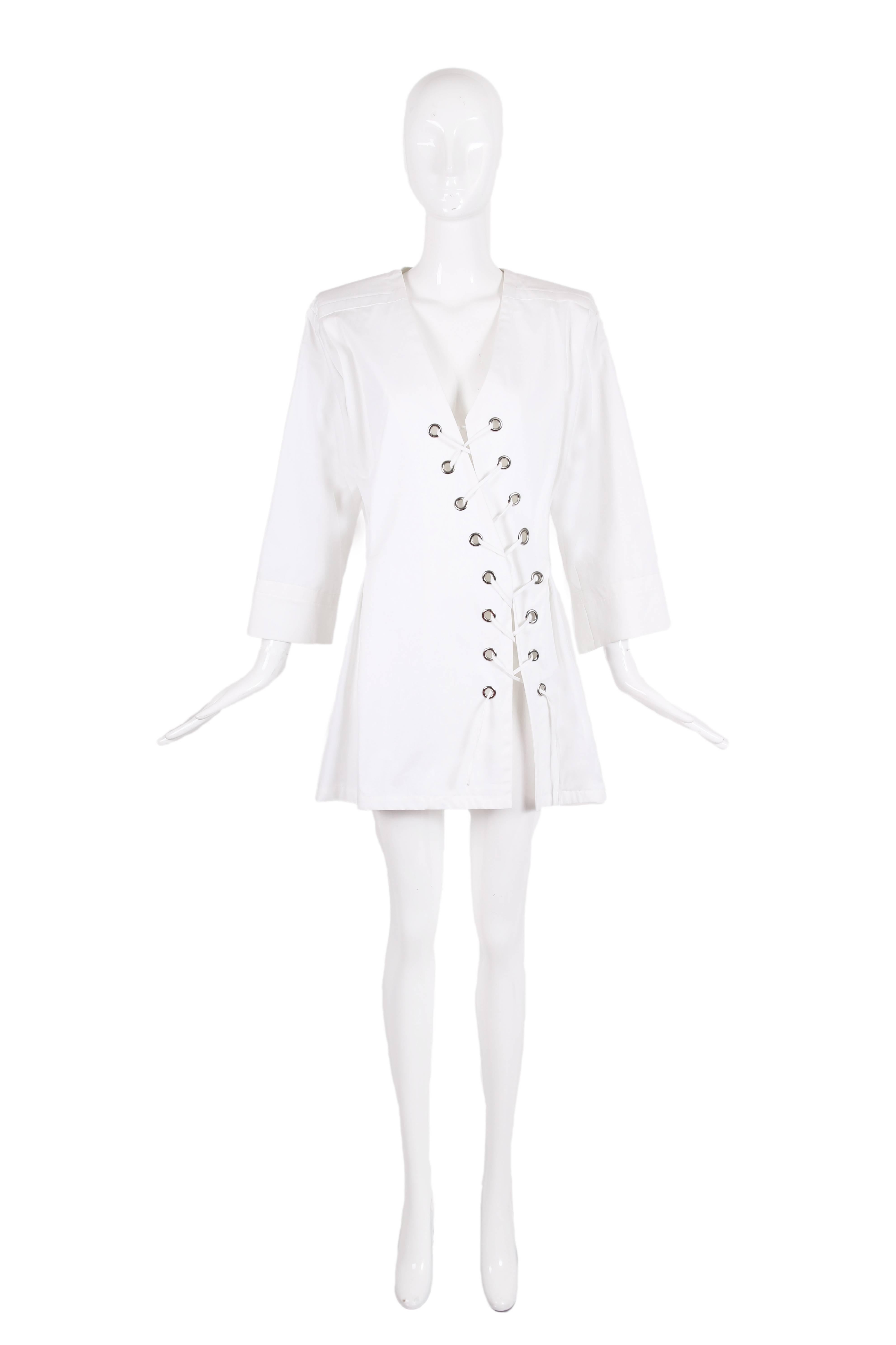 1990's Yves Saint Laurent YSL white cotton safari dress or top with diagonal lace up tie closures. In excellent condition. Size 36 - but fits more like a 40 - please consult measurements.