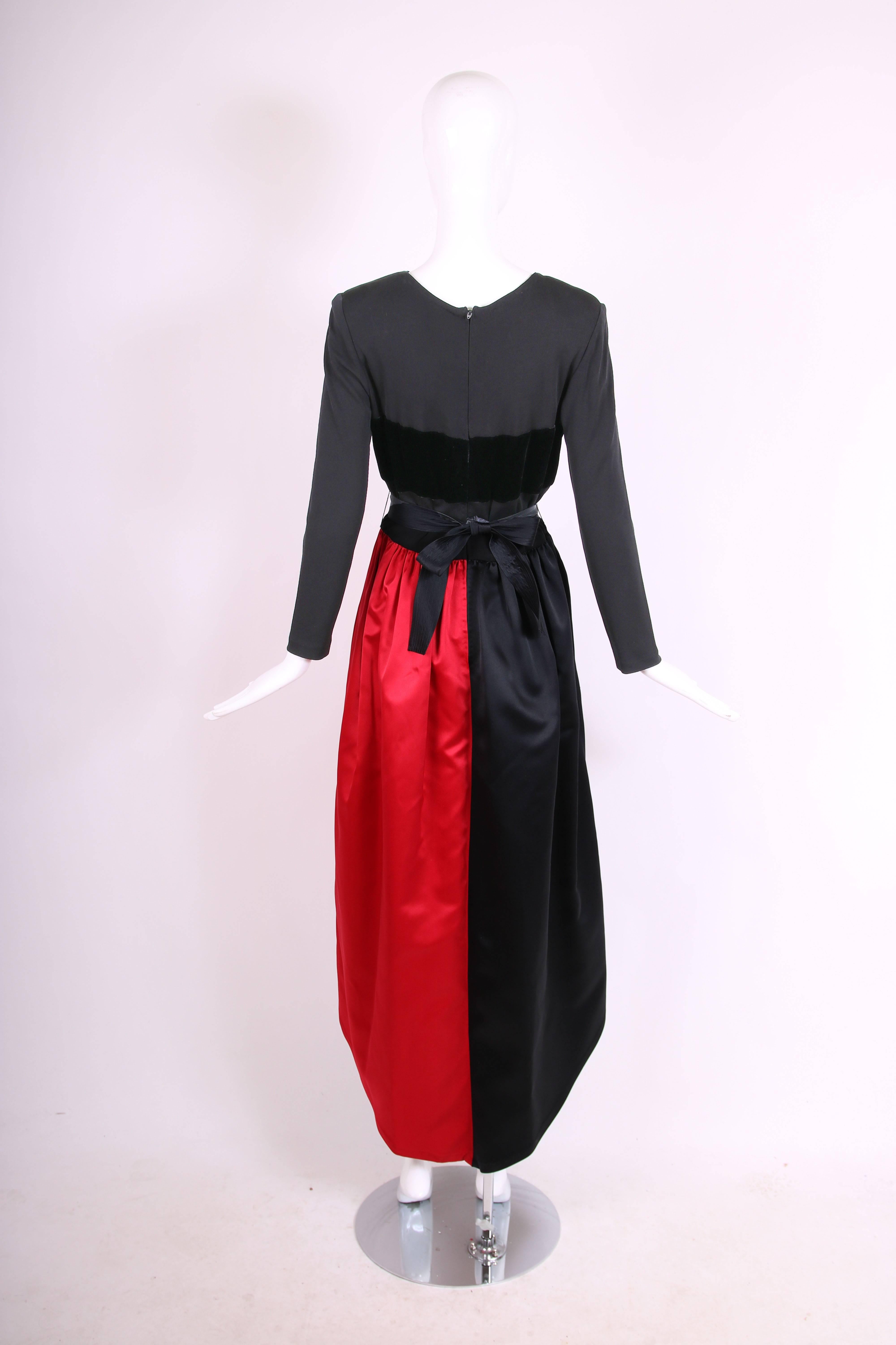 Bill Blass Red & Black Satin Evening Gown w/Illusion Top & Velvet Band For Sale 1