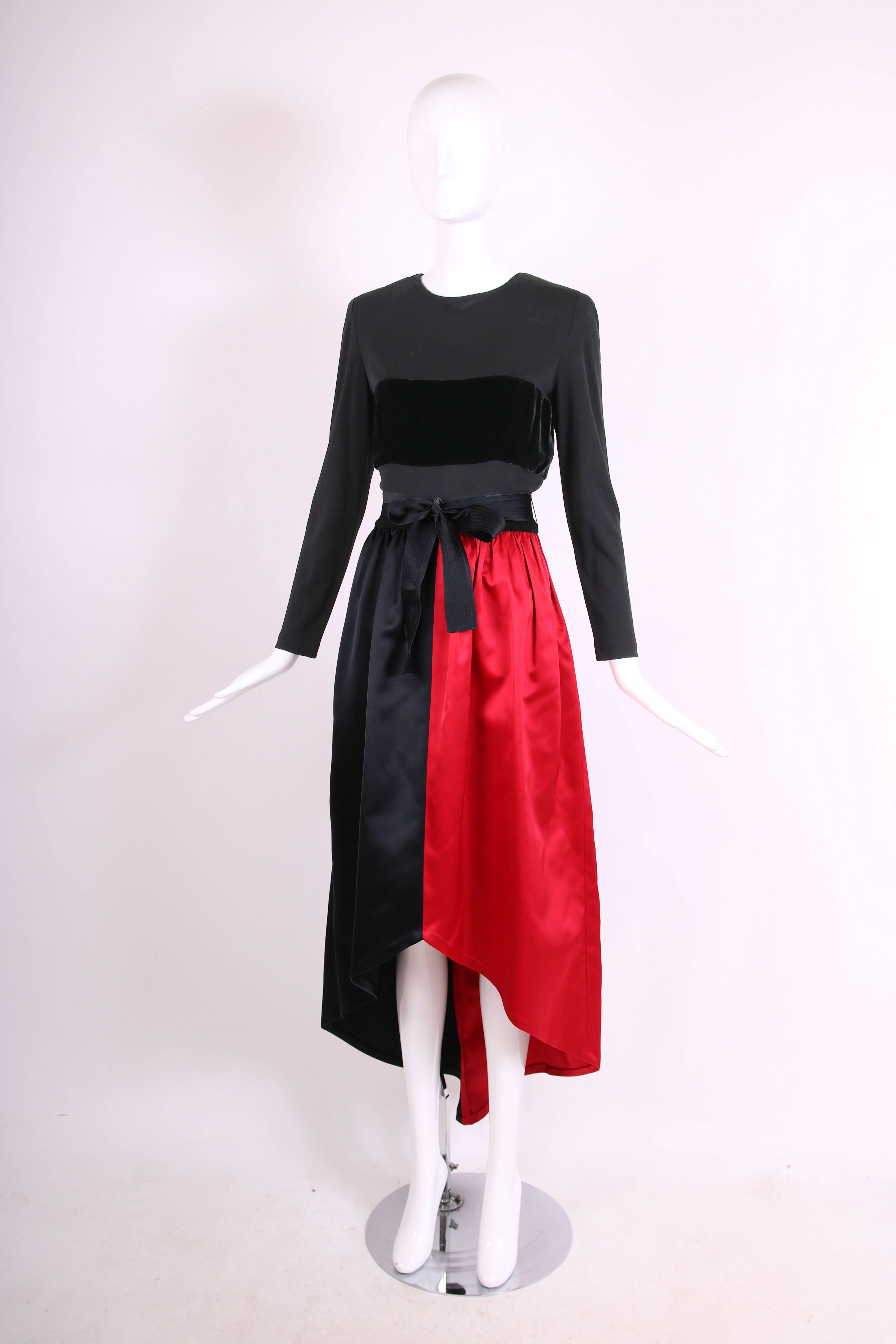 Bill Blass Red & Black Satin Evening Gown w/Illusion Top & Velvet Band In Excellent Condition For Sale In Studio City, CA