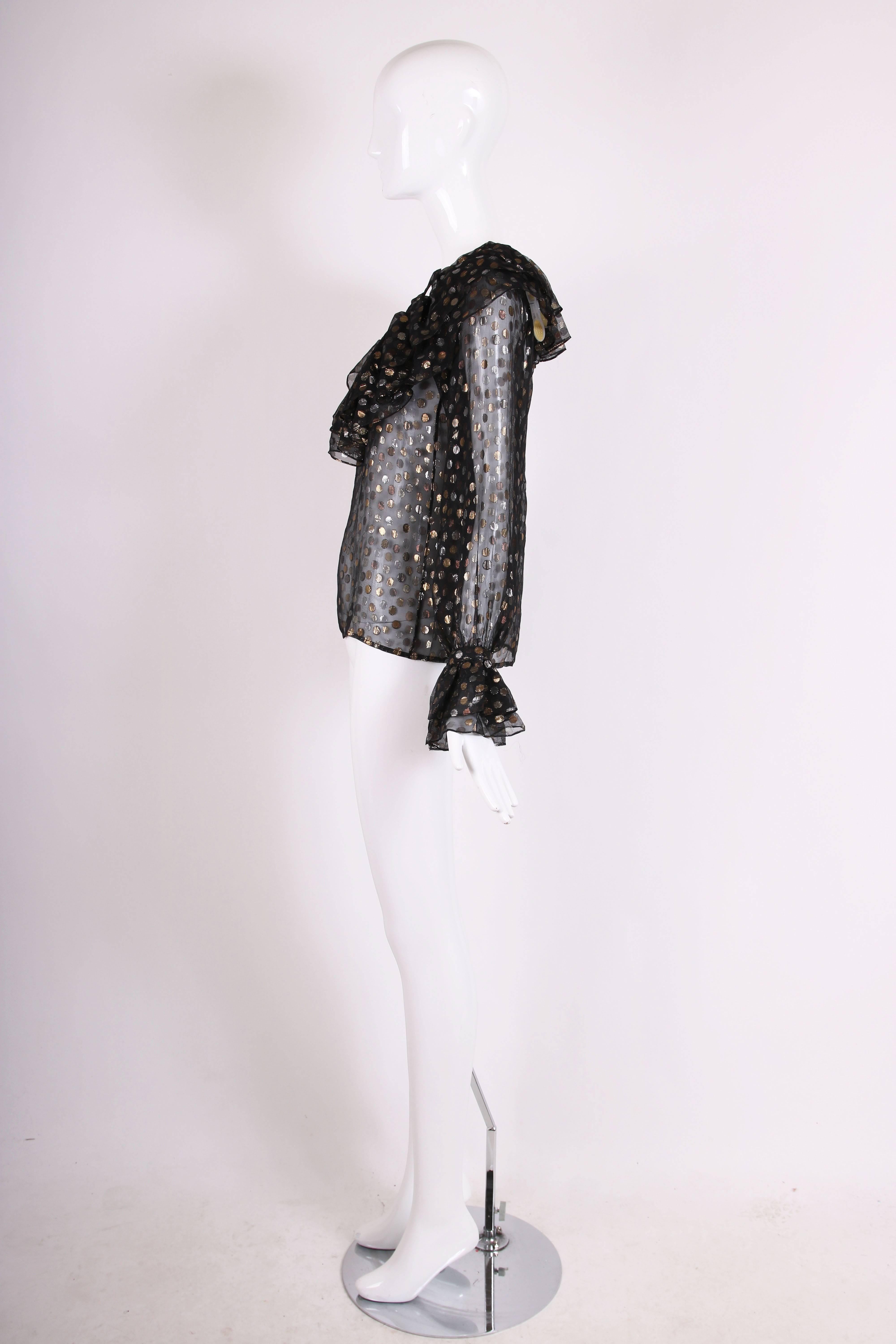 1970's Yves Saint Laurent YSL Black, Silver & Gold Polka Dot Blouse In Excellent Condition In Studio City, CA