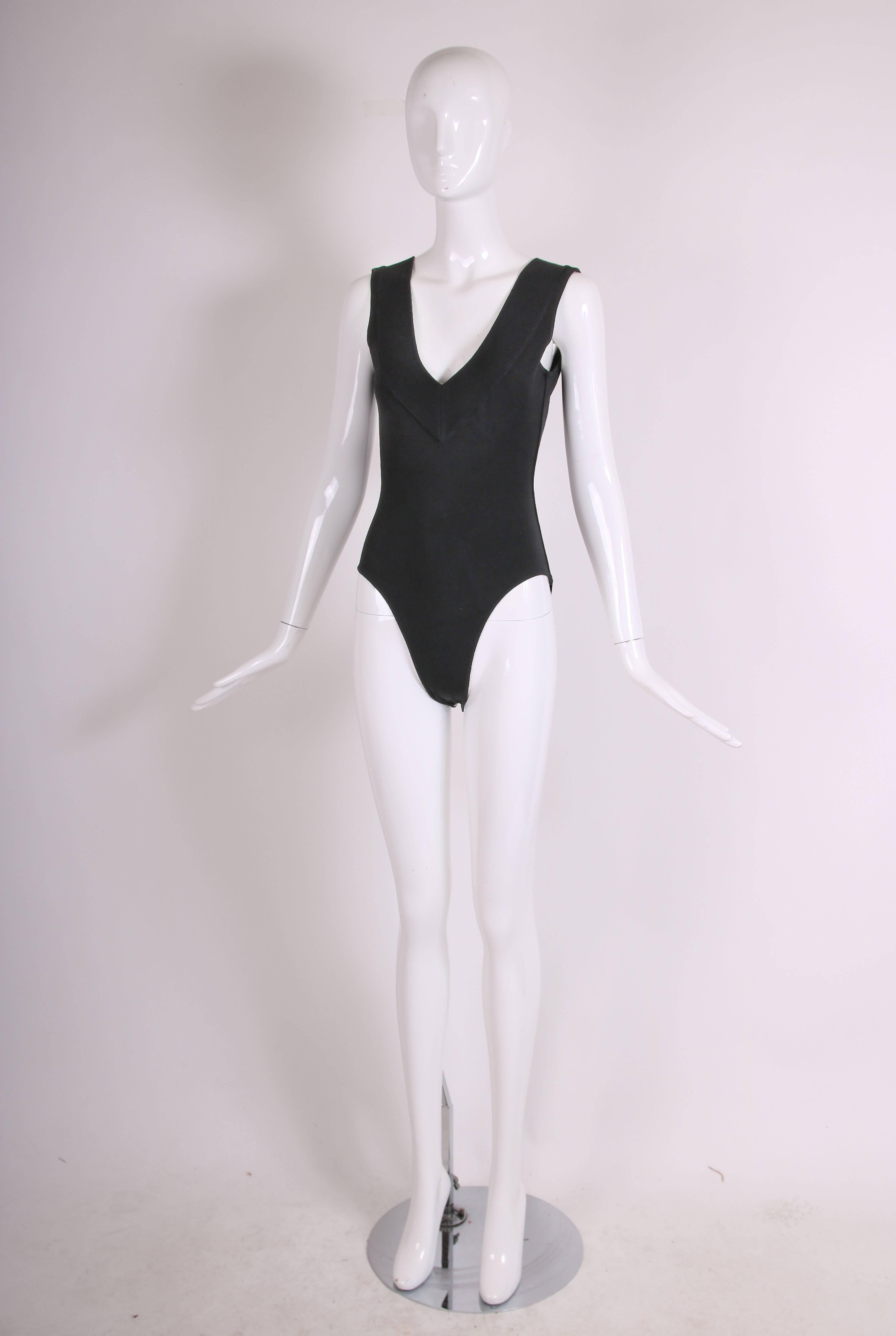 Azzedine Alaia Black Stretch Body Suit w/Deep V-Neckline at Front & Back In Excellent Condition In Studio City, CA