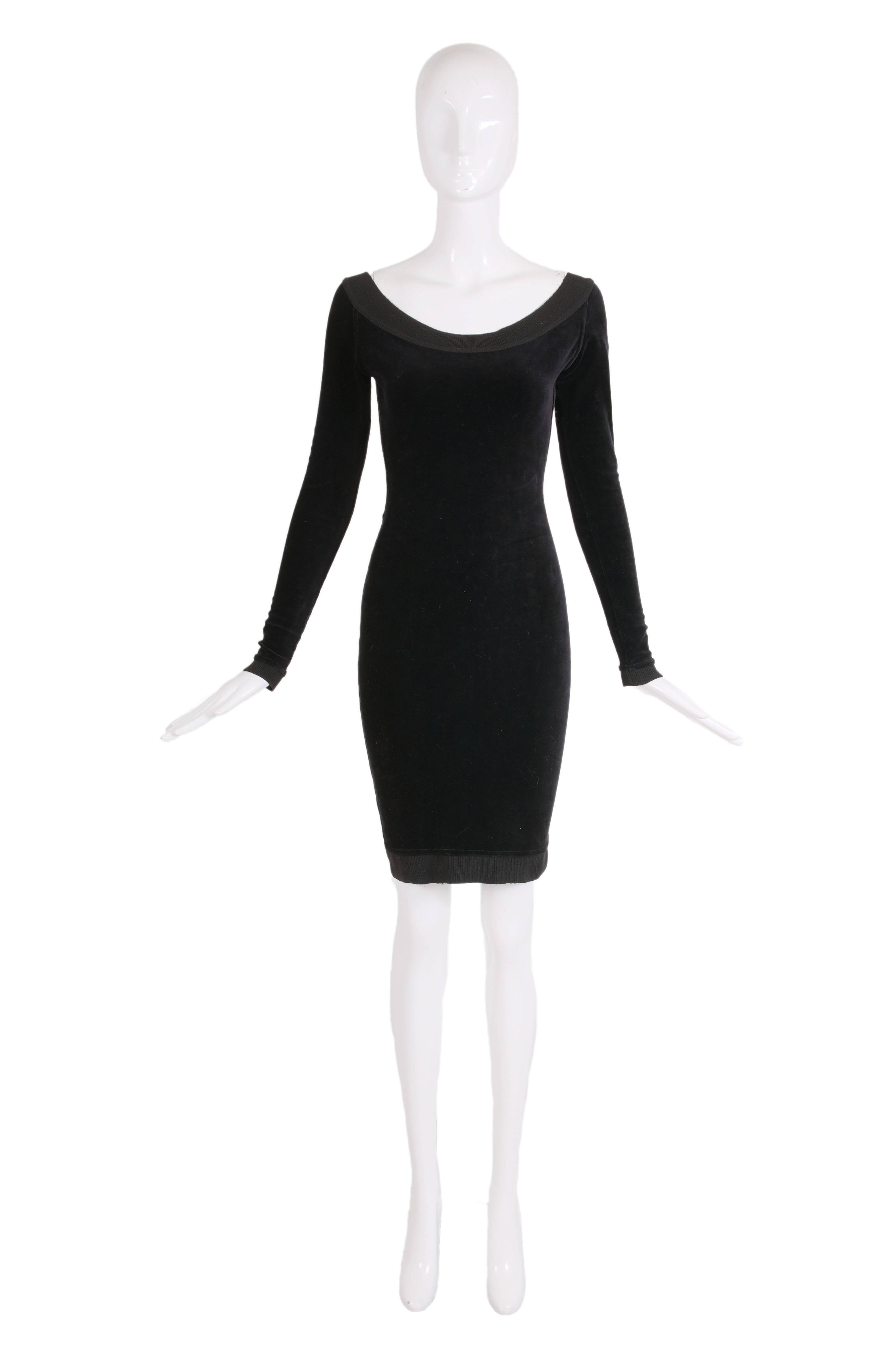 1990's Alaia black long-sleeved stretch velvet open-backed, scoop neck mini dress. In excellent condition - size tag Small.