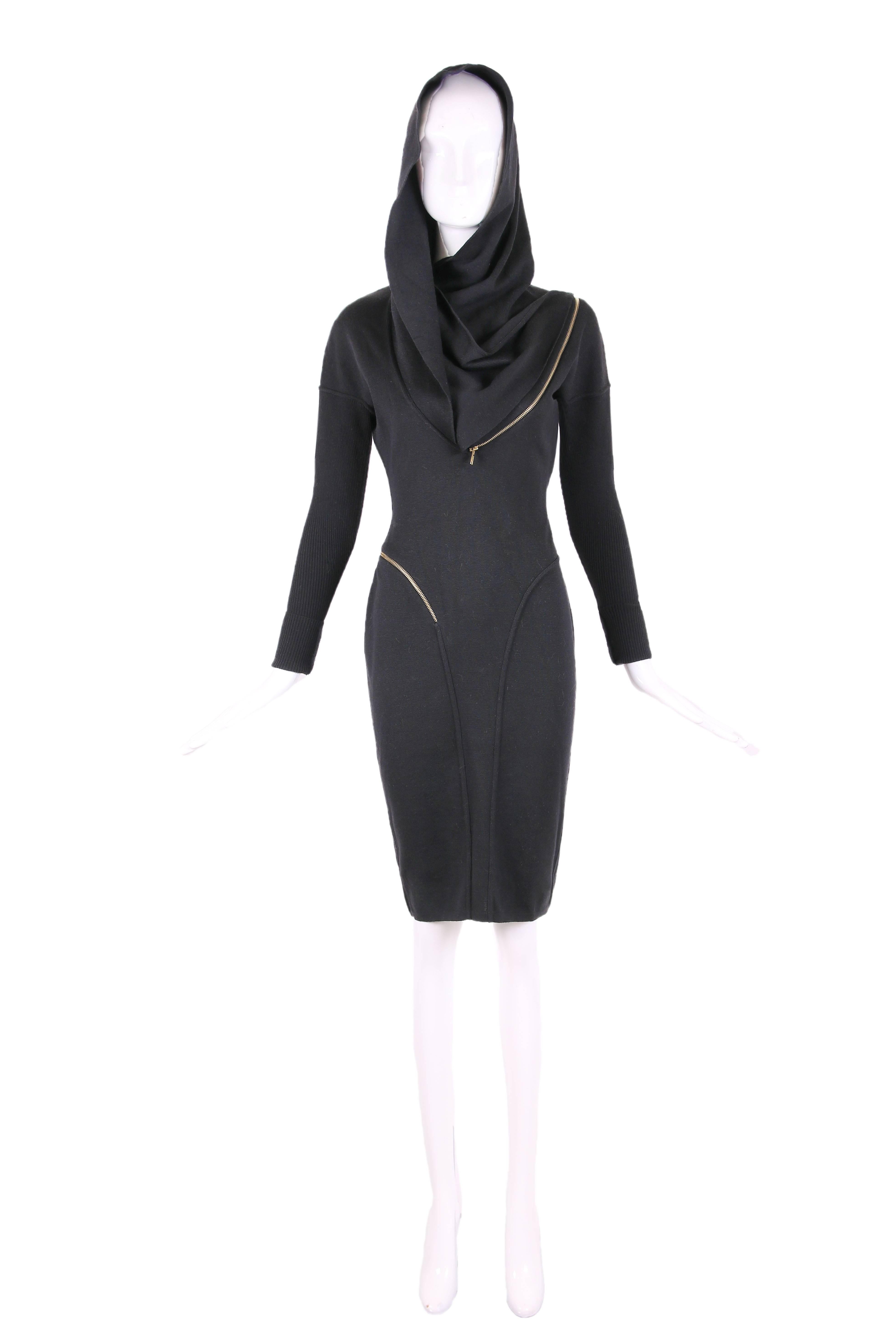 Iconic 1986 Azzedine Alaia black wool stretch hooded dress with zipper design. In excellent condition. Size tag Medium - please see measurements.