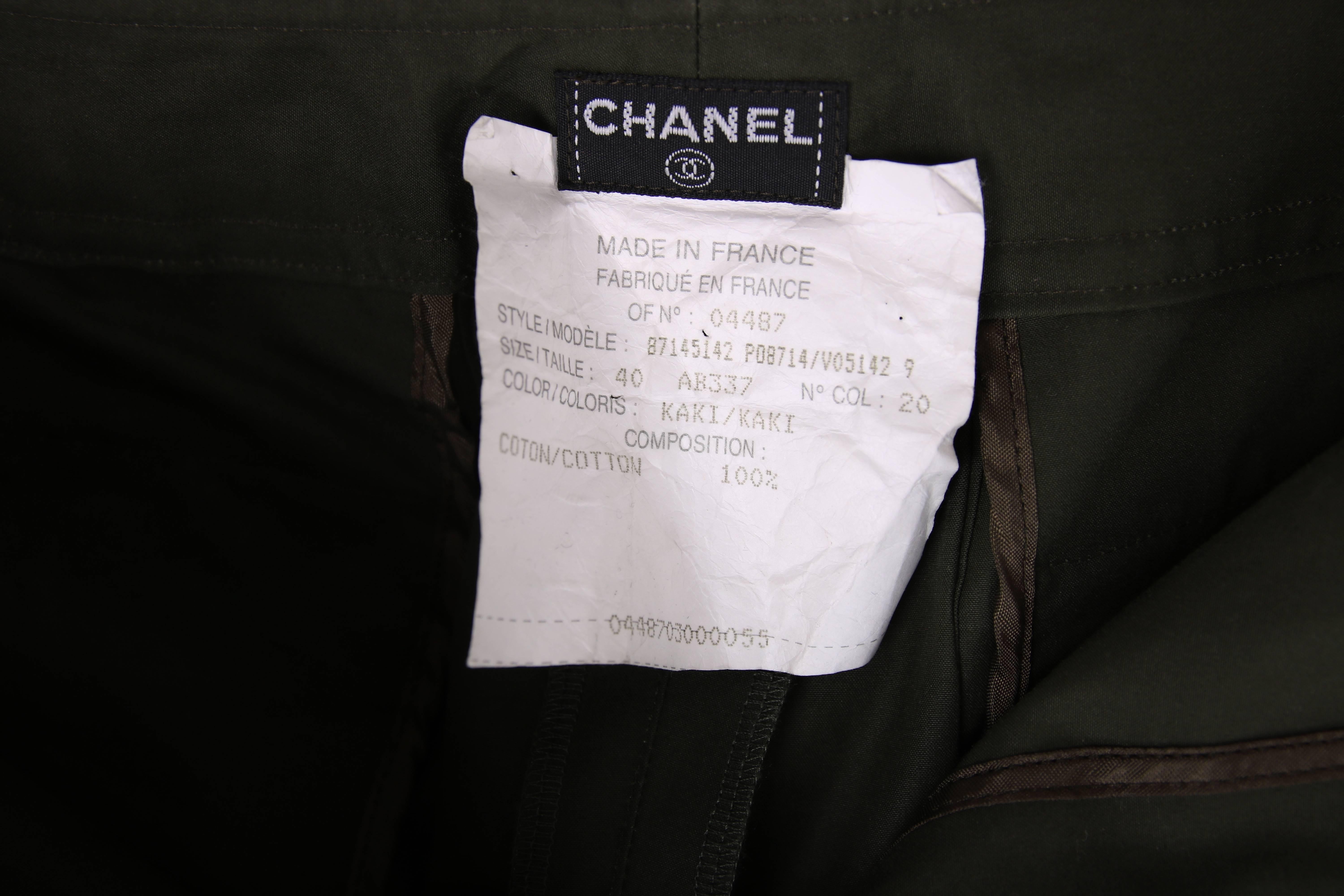 Women's  Chanel Olive Green High-Waisted Cargo Pants With Gold toned CC Logo Buttons