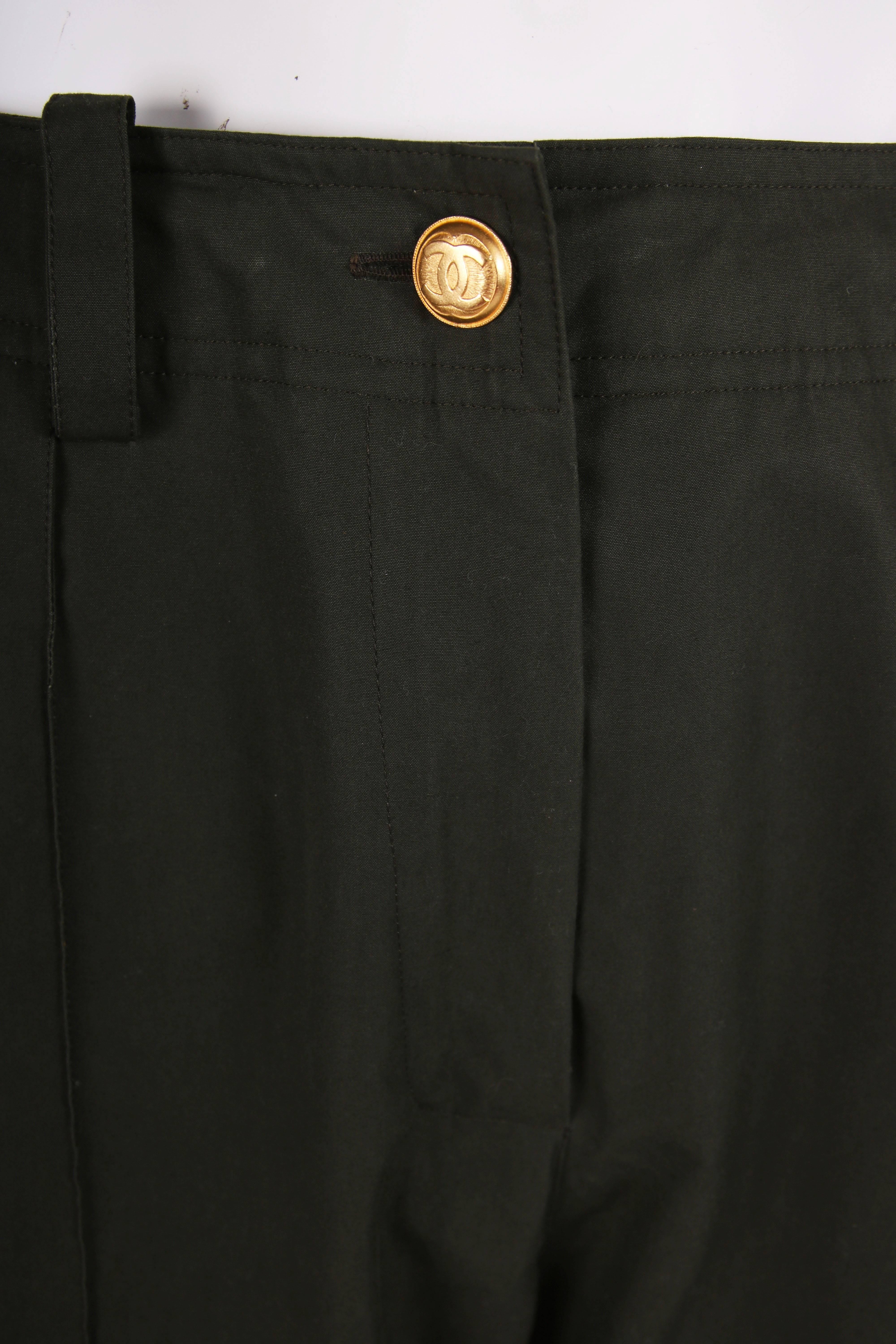 Black  Chanel Olive Green High-Waisted Cargo Pants With Gold toned CC Logo Buttons