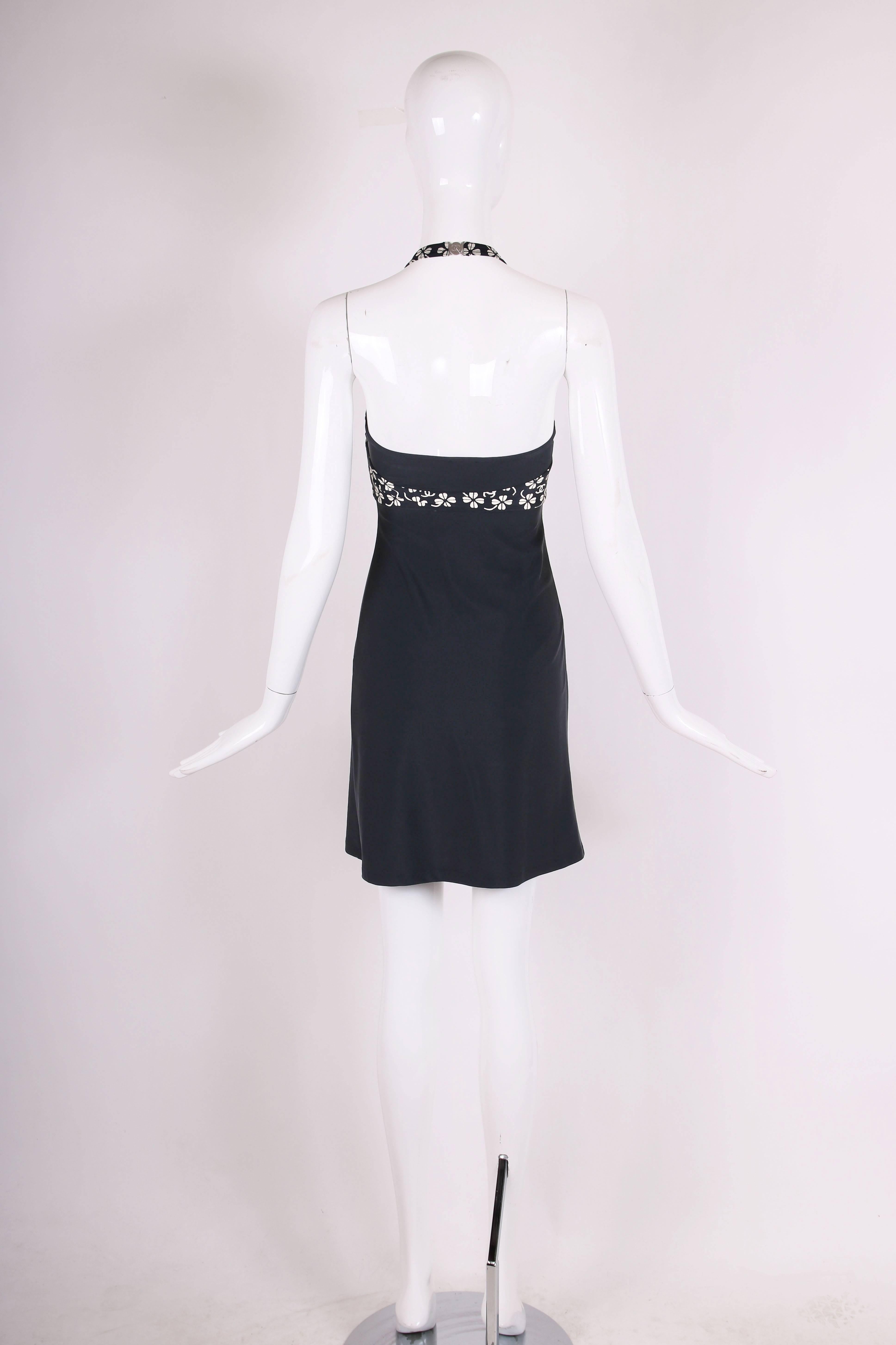 2001 Chanel Navy Blue Halter Dress W/Clover & CC Logo Print In Excellent Condition In Studio City, CA