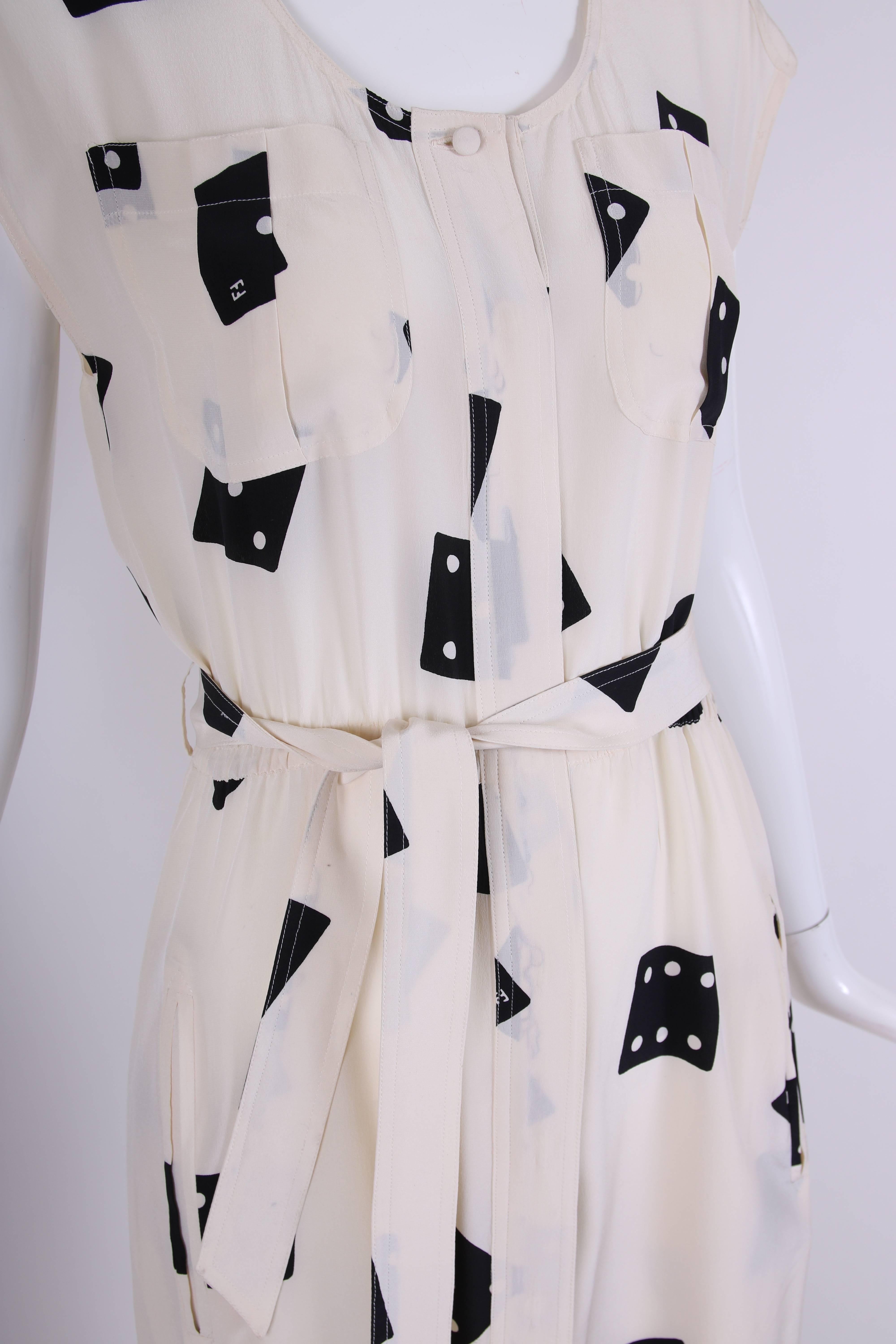 Gray Fendi Vintage White Silk Sleeveless Day Dress with Black Dice Print and Belt