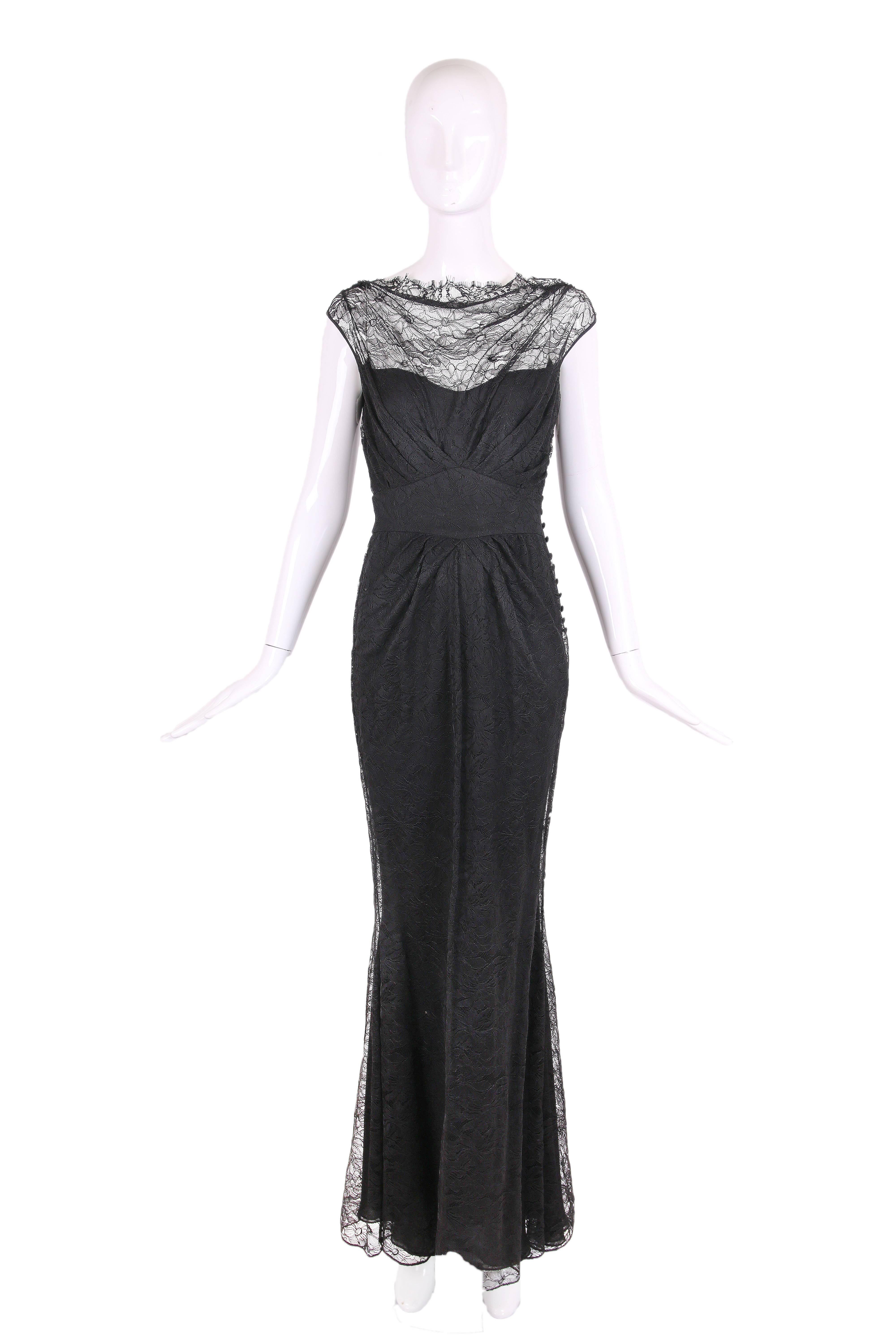 John Galliano black lace gown with slip - with gathers at the front, back and mermaid hem. In excellent condition -size tag 4.