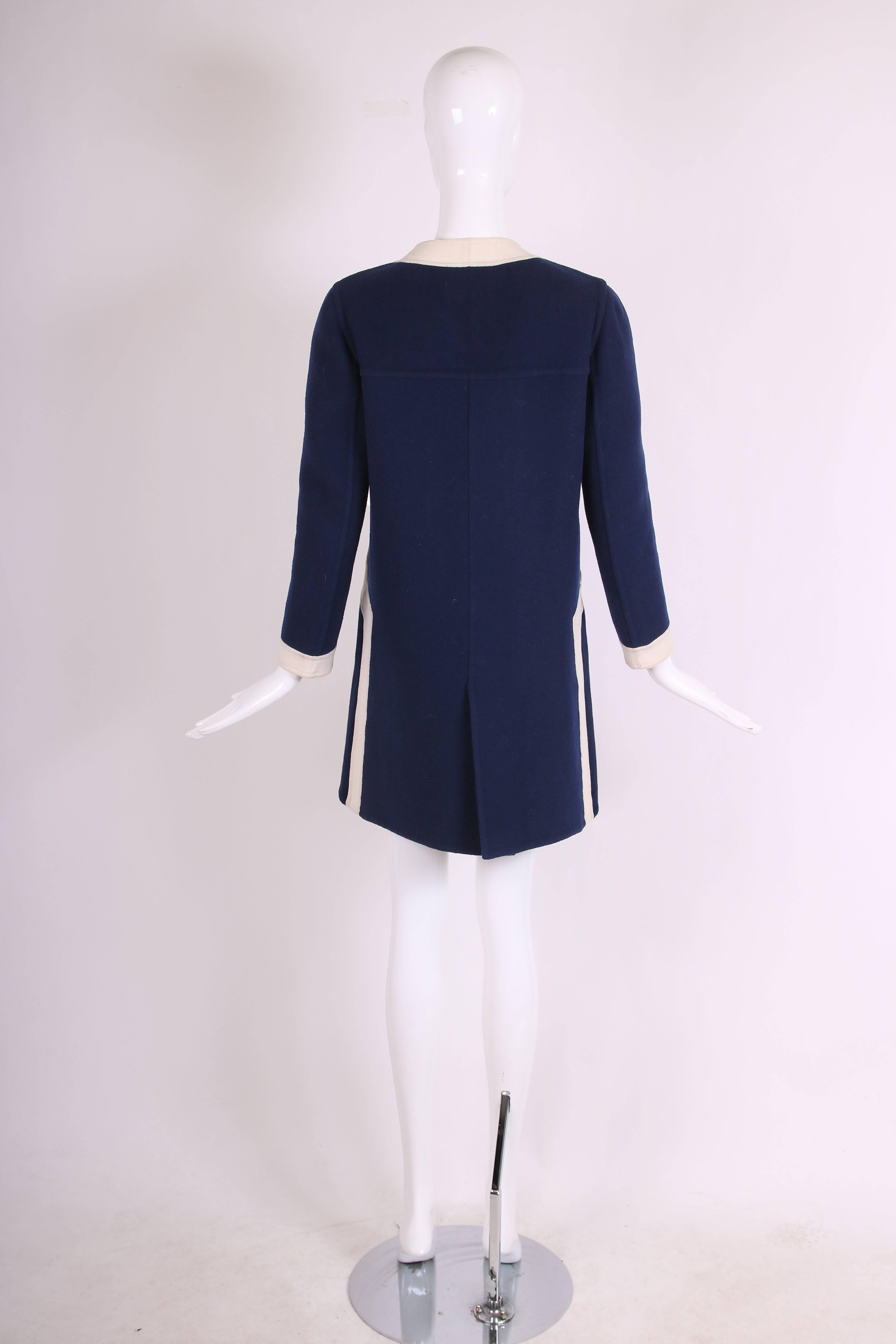 Women's 1970's Valentino Navy Melton Wool Coat Dress W/White Trim & Frontal Pockets  For Sale