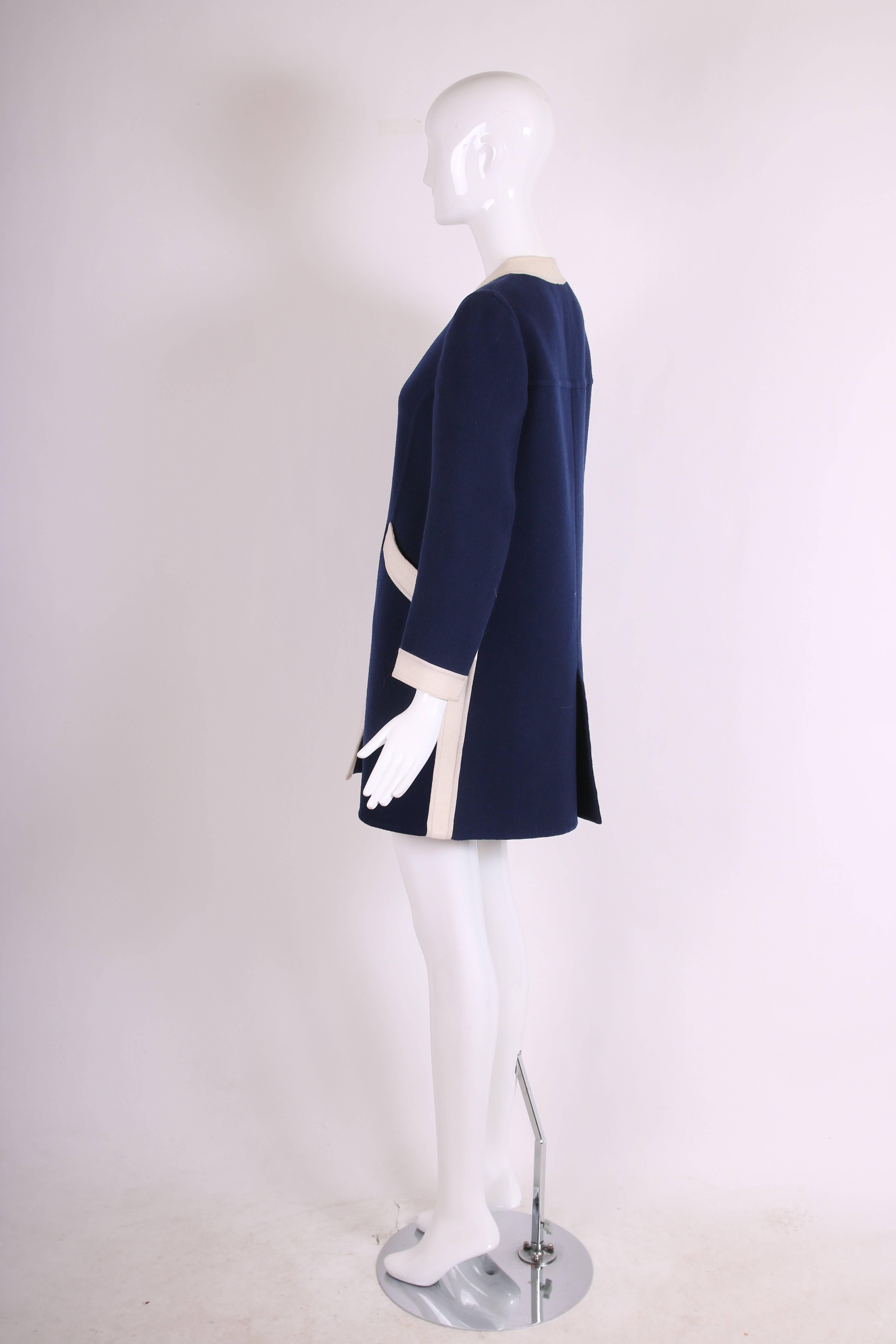1970's Valentino Navy Melton Wool Coat Dress W/White Trim & Frontal Pockets  In Excellent Condition For Sale In Studio City, CA