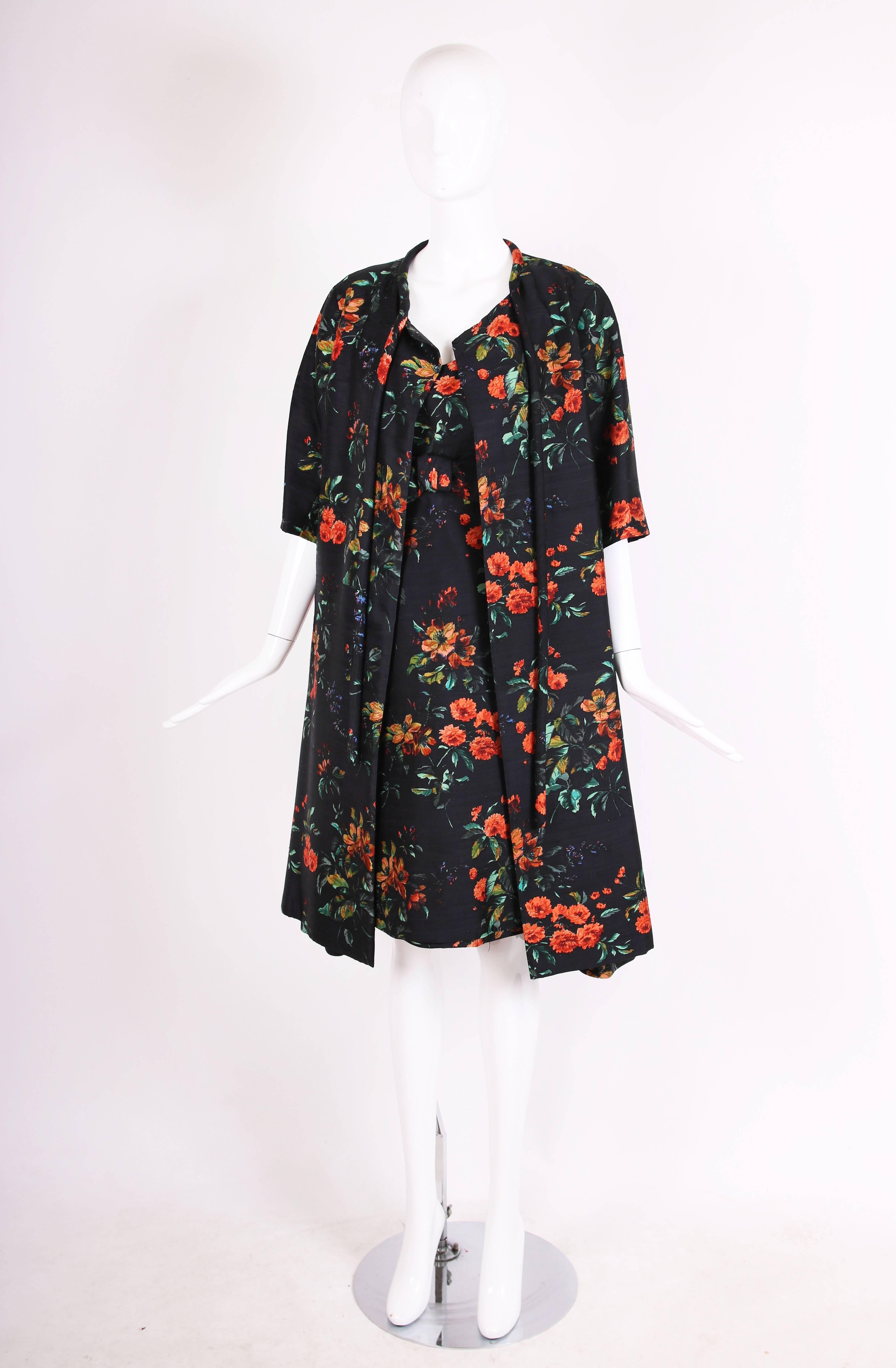 1960's Christian Dior Floral Print Silk Shantung Cocktail Dress In Excellent Condition In Studio City, CA