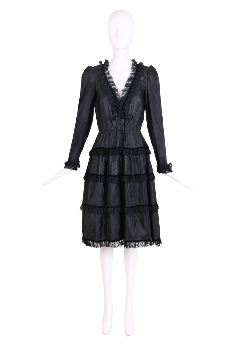 Jean Louis Scherrer Vintage Black Silk Taffeta V-Neck Dress with Lace ...