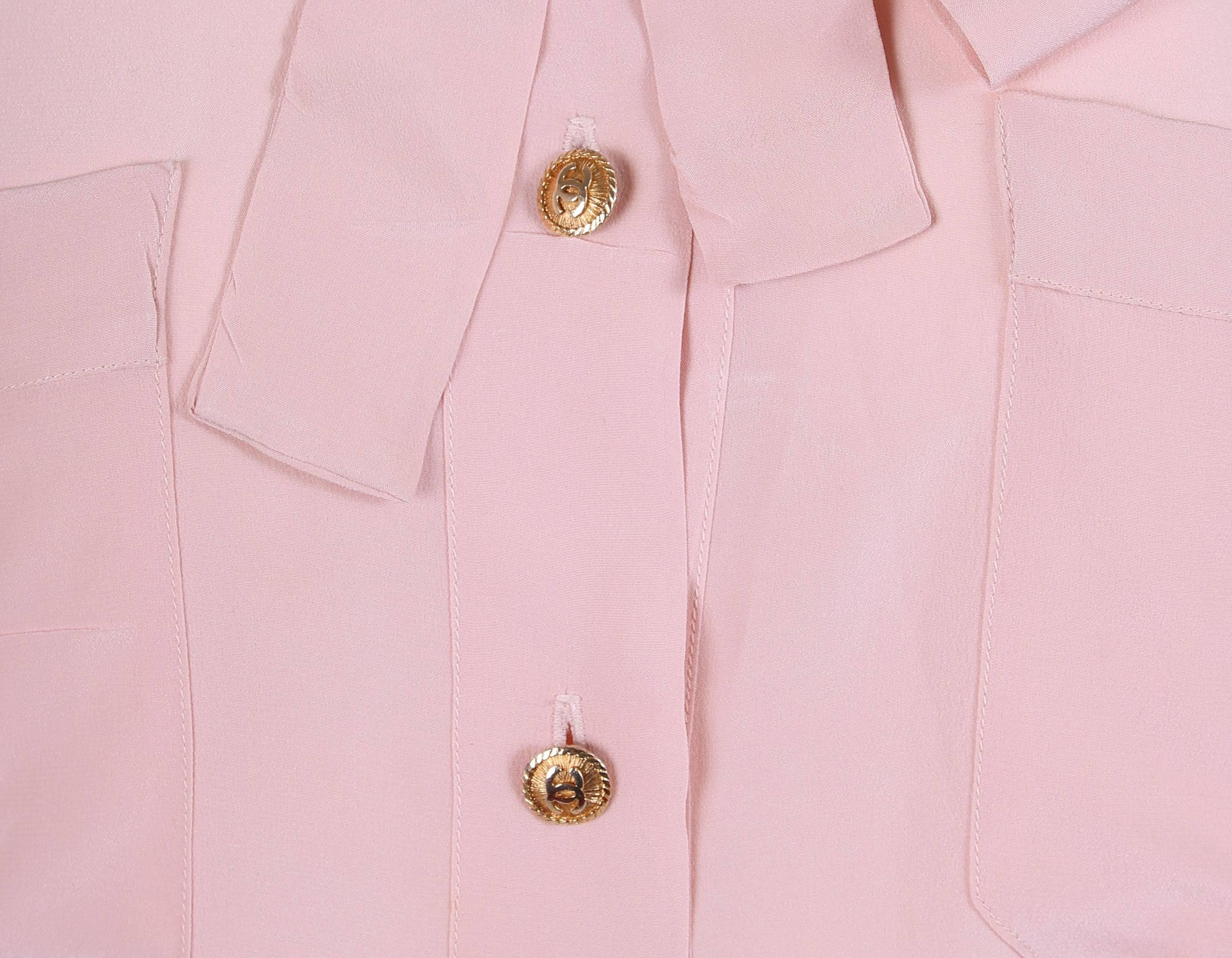 Vintage Chanel Pale Pink Silk Blouse W/Gold-toned CC Logo Buttons In Excellent Condition In Studio City, CA