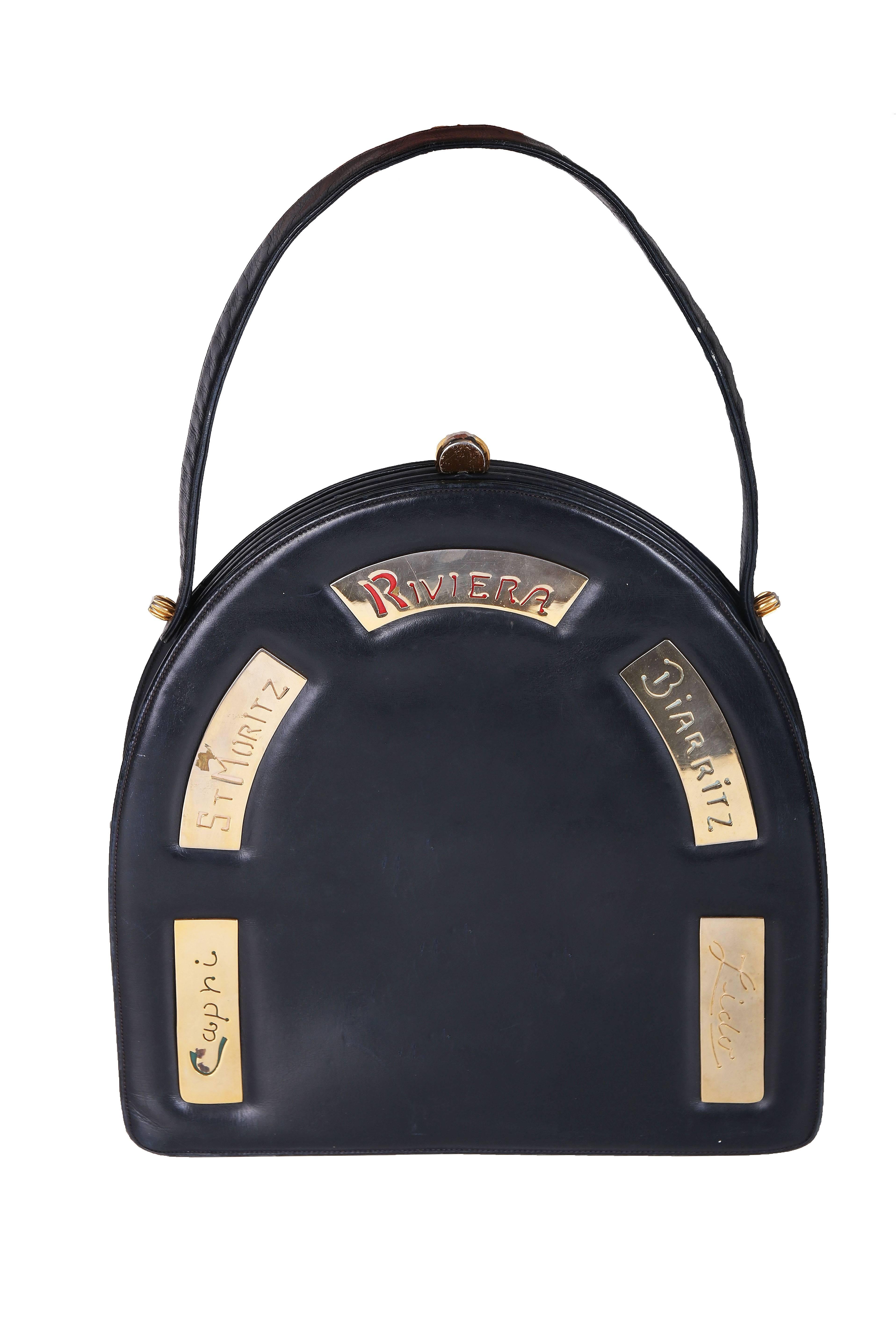 Prestige Black Leather Destination Arched Handbag with City Names, 1960s In Fair Condition In Studio City, CA