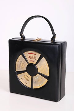 Prestige Black Leather Destination Box Handbag With City Names, 1960s