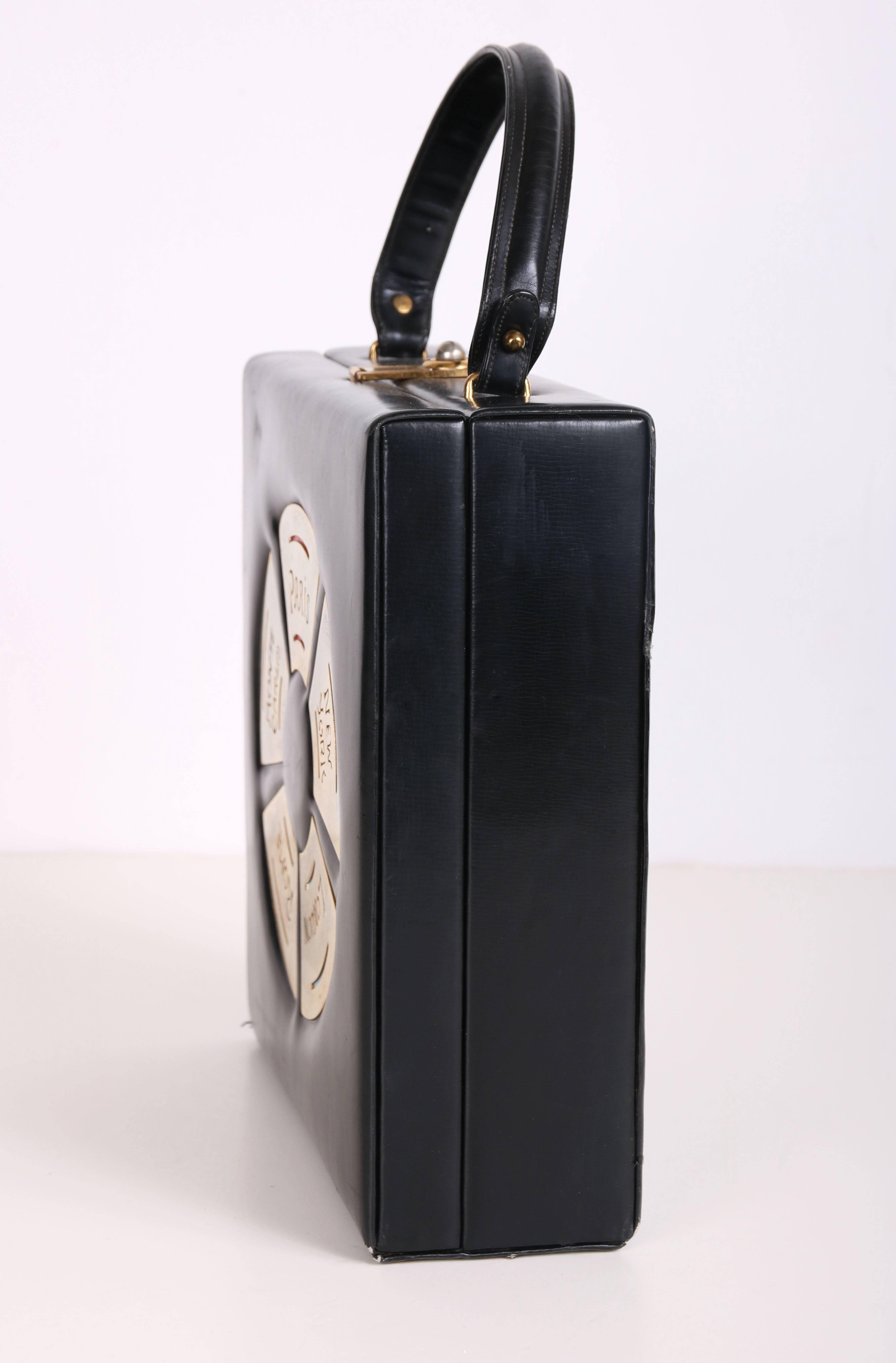 Prestige Black Leather Destination Box Handbag With City Names, 1960s  In Excellent Condition In Studio City, CA