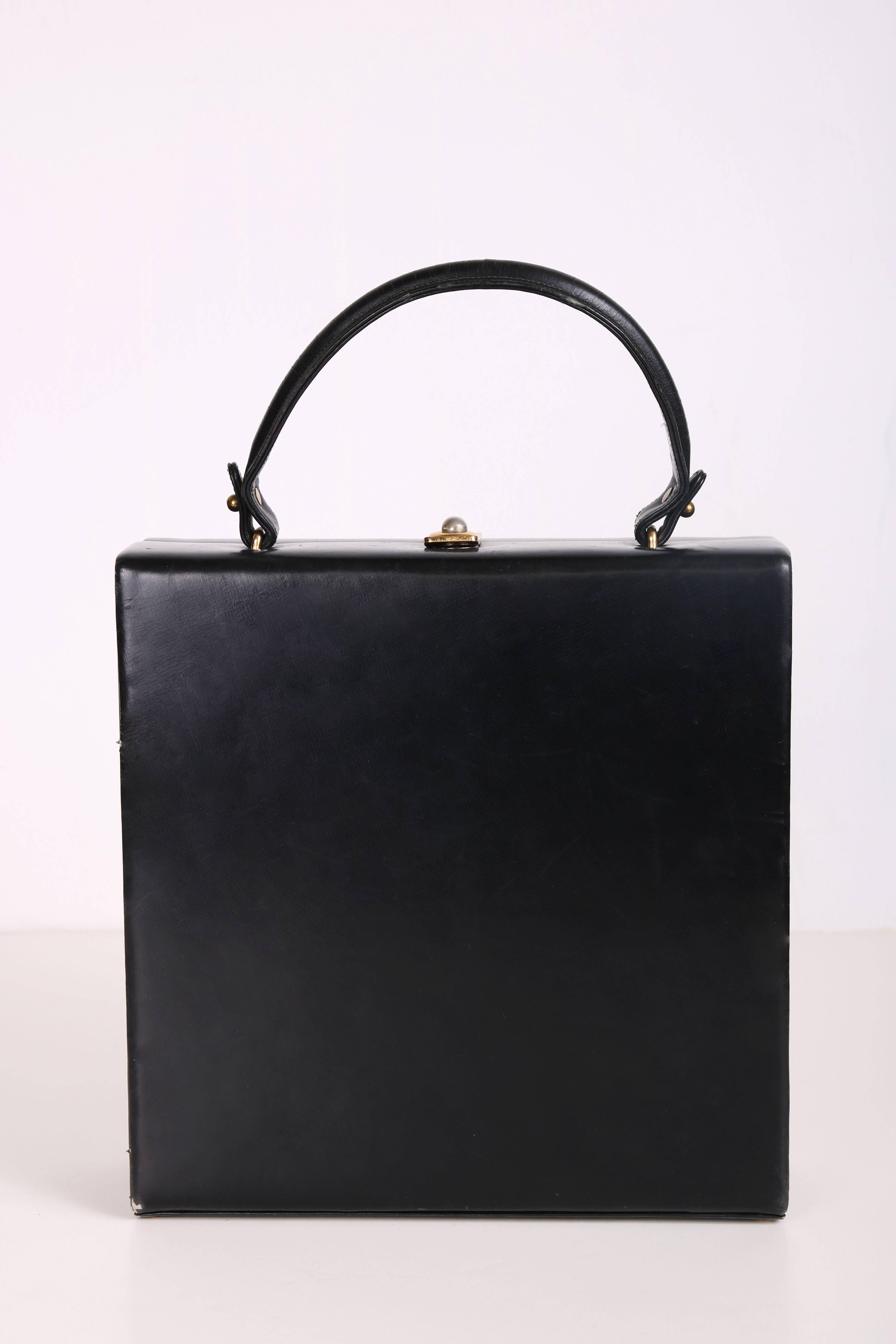 Women's or Men's Prestige Black Leather Destination Box Handbag With City Names, 1960s 