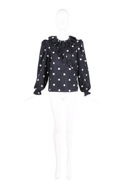 Vintage Valentino 2100% Silk Polka Dot Print Blouse w/Ruffle Design & Trim