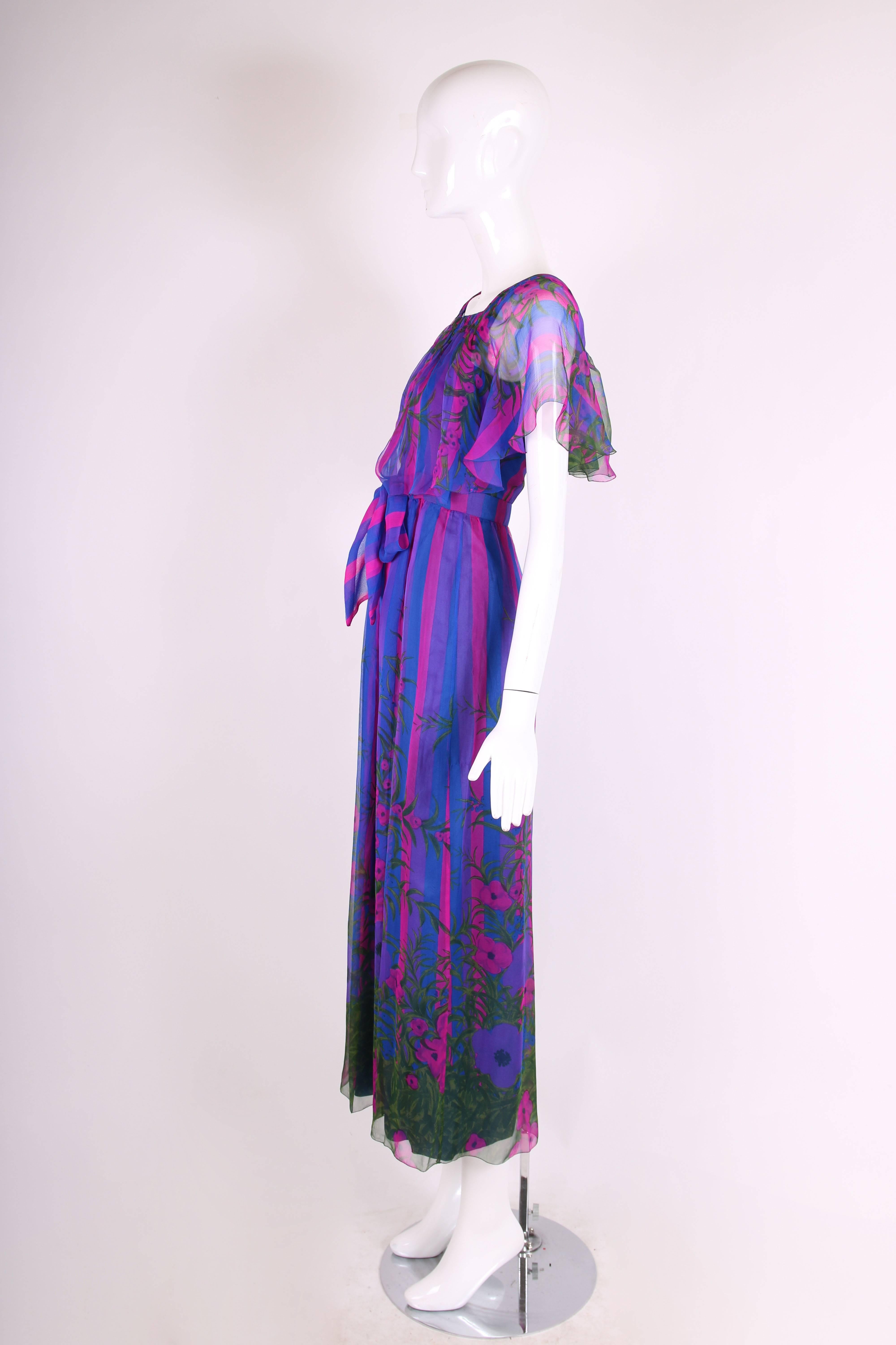 Unlabeled Couture Silk Chiffon Floral & Striped Sleeveless Maxi Dress In Excellent Condition For Sale In Studio City, CA