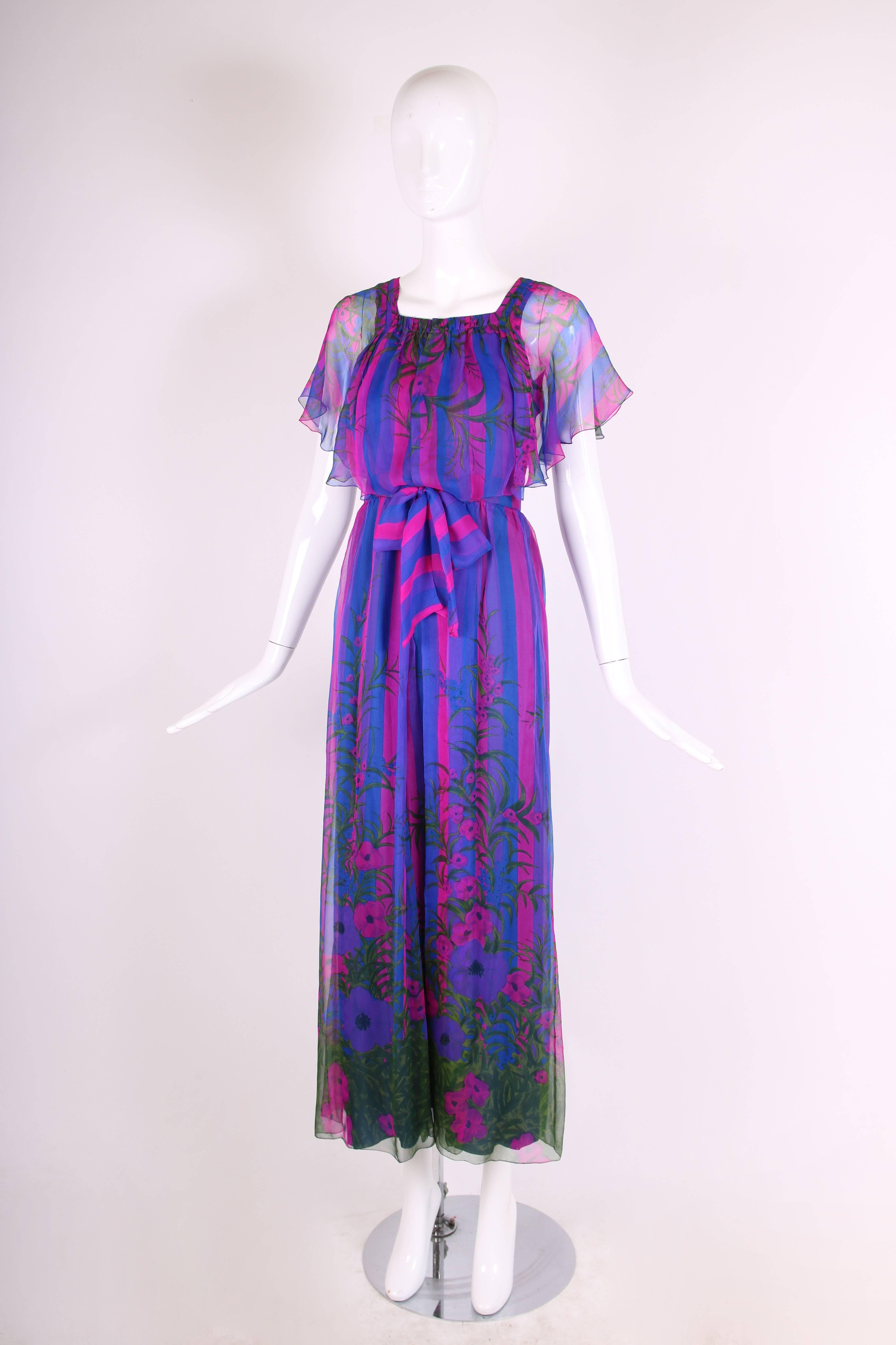 Violet Unlabeled Couture - Robe longue sans manches en mousseline de soie à fleurs et rayures en vente