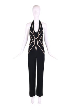 Alexander McQueen Black Halter Jumpsuit with Geometric Motif, 2008