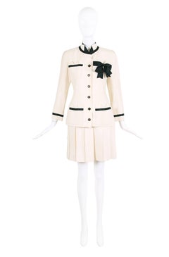 Vintage Chanel Silk Jacket & Skirt Ensemble w/Silk Bow Motif & CC Logo Buttons