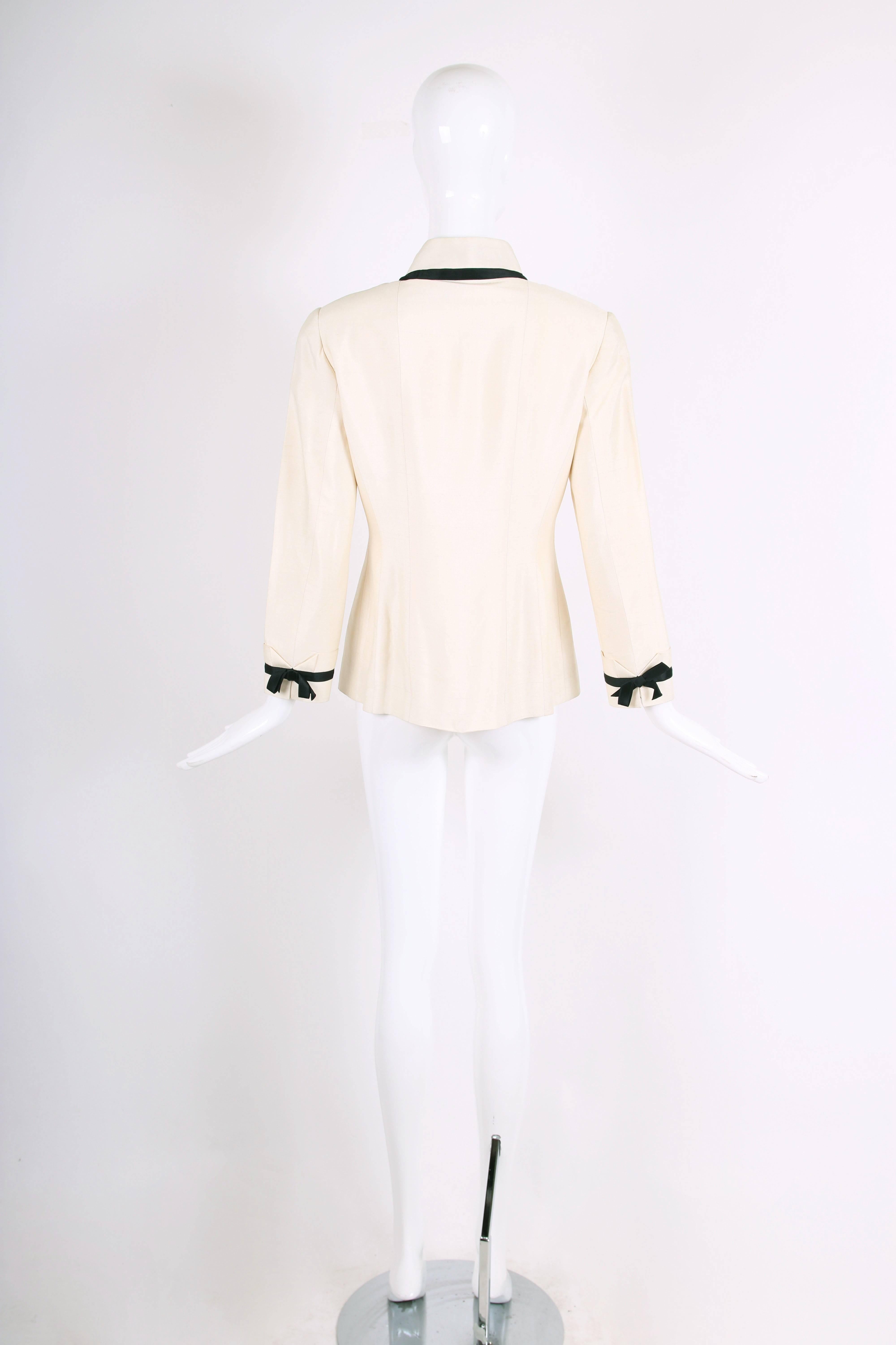 White Vintage Chanel Silk Jacket & Skirt Ensemble w/Silk Bow Motif & CC Logo Buttons