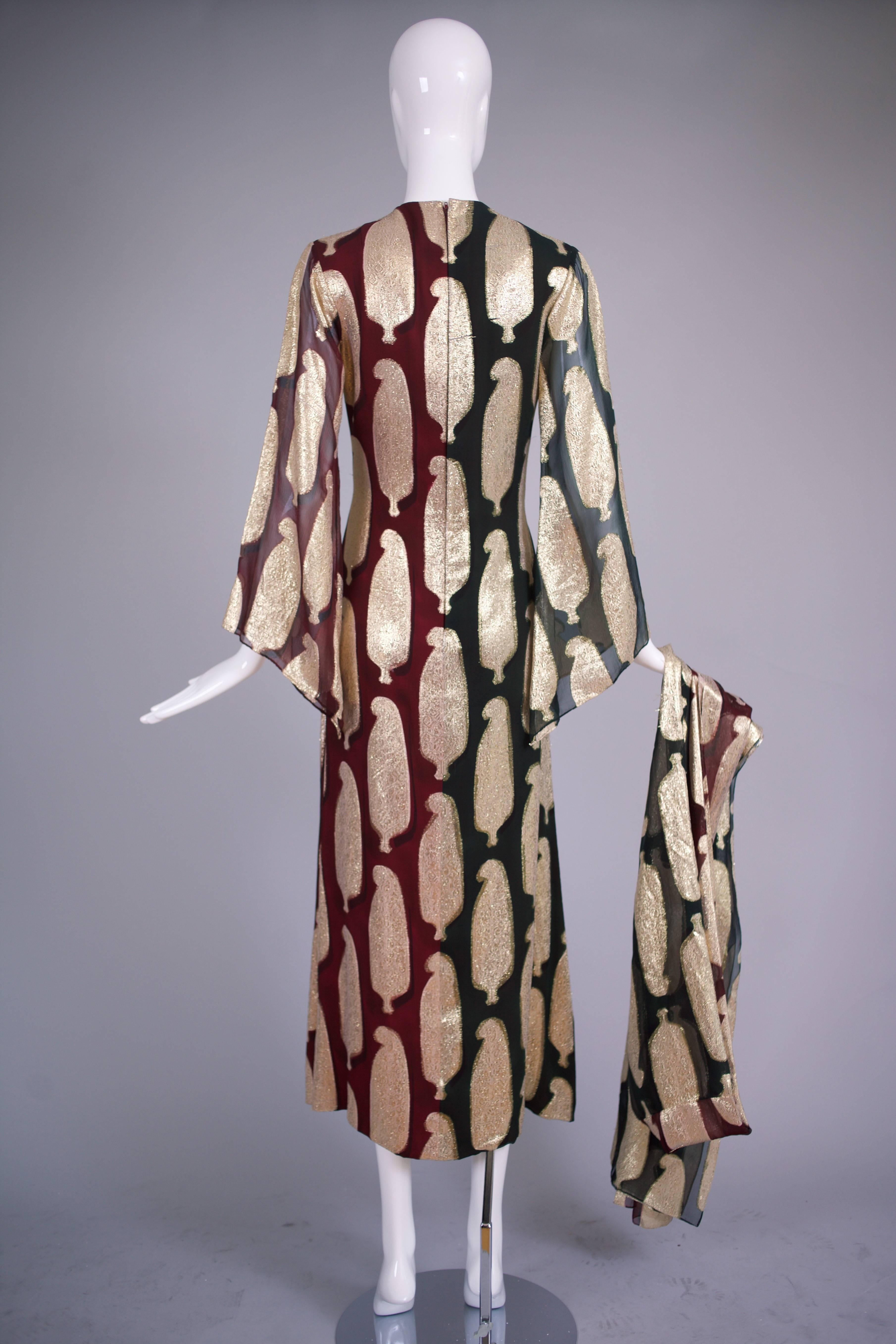 Women's 1971 Bill Blass Silk & Gold Lame Oversized Paisley Print Gown w/Matching Scarf