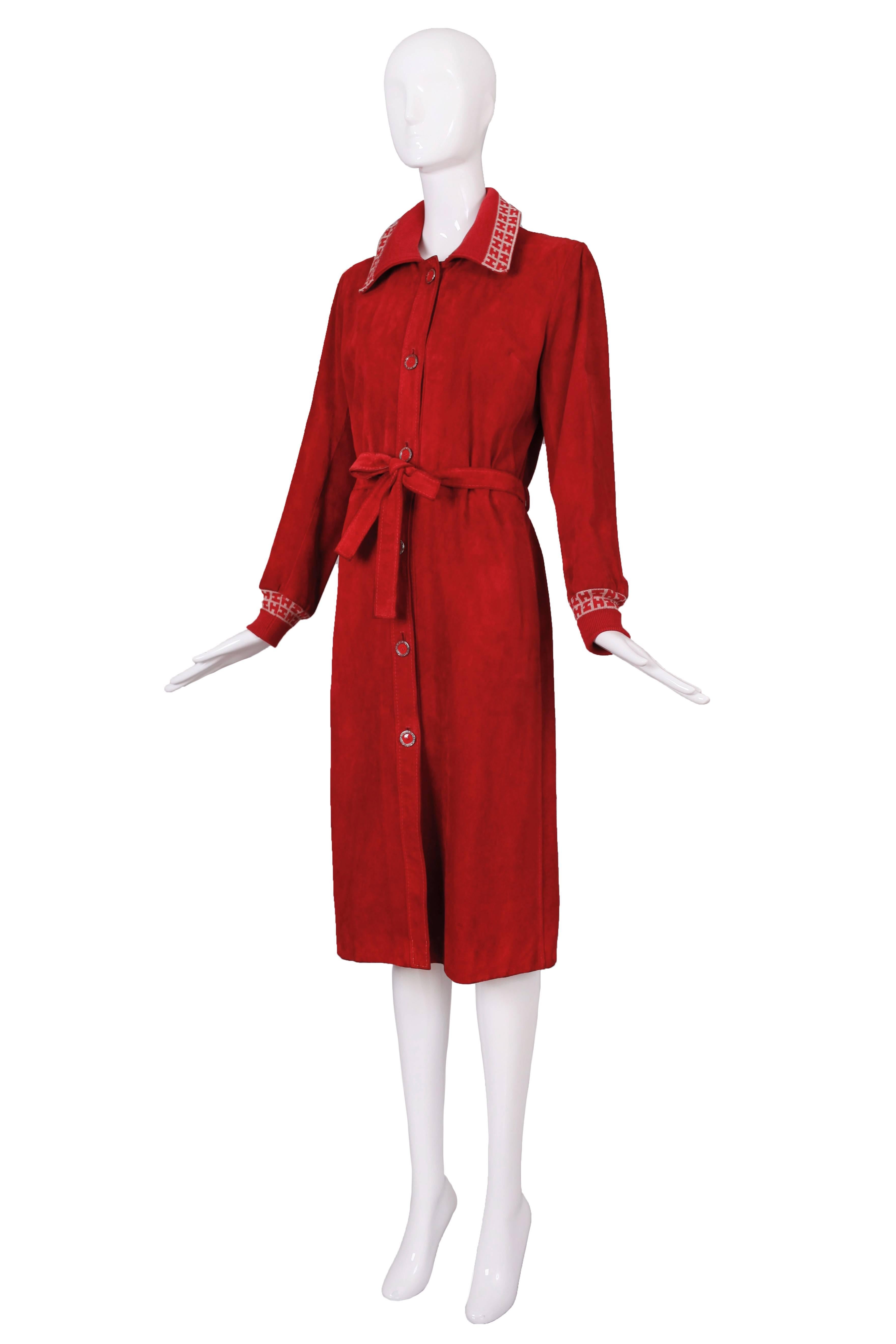 Red 1970’s Hermes Sport Suede Belted Coat w/Sweater Cuffs & Collar