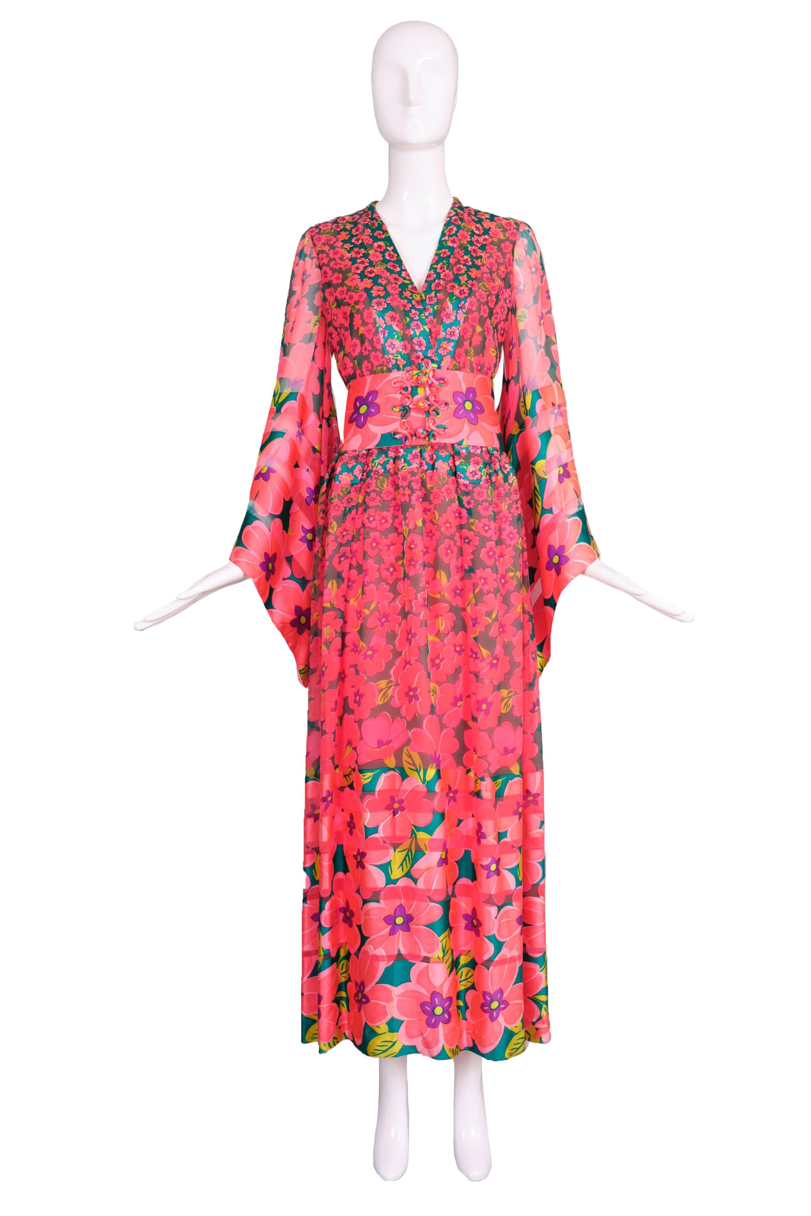 Pink 1970s Oscar de la Renta Floral Silk Evening Gown