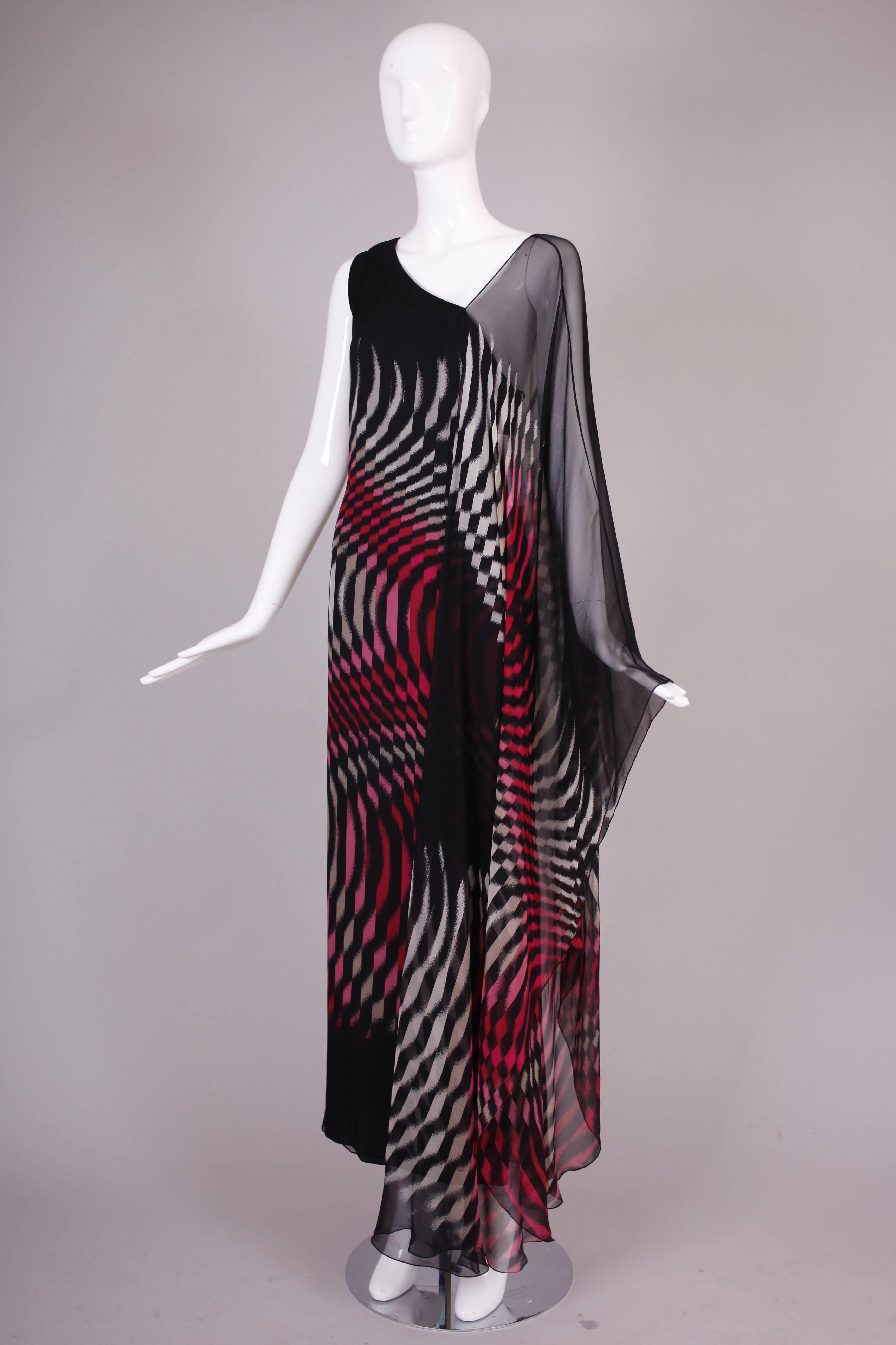 Black 70s Hanae Mori Couture Op Art Chiffon Gown w/Asymmetric Shoulder