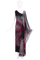 70s Hanae Mori Couture Op Art Chiffon Gown w/Asymmetric Shoulder