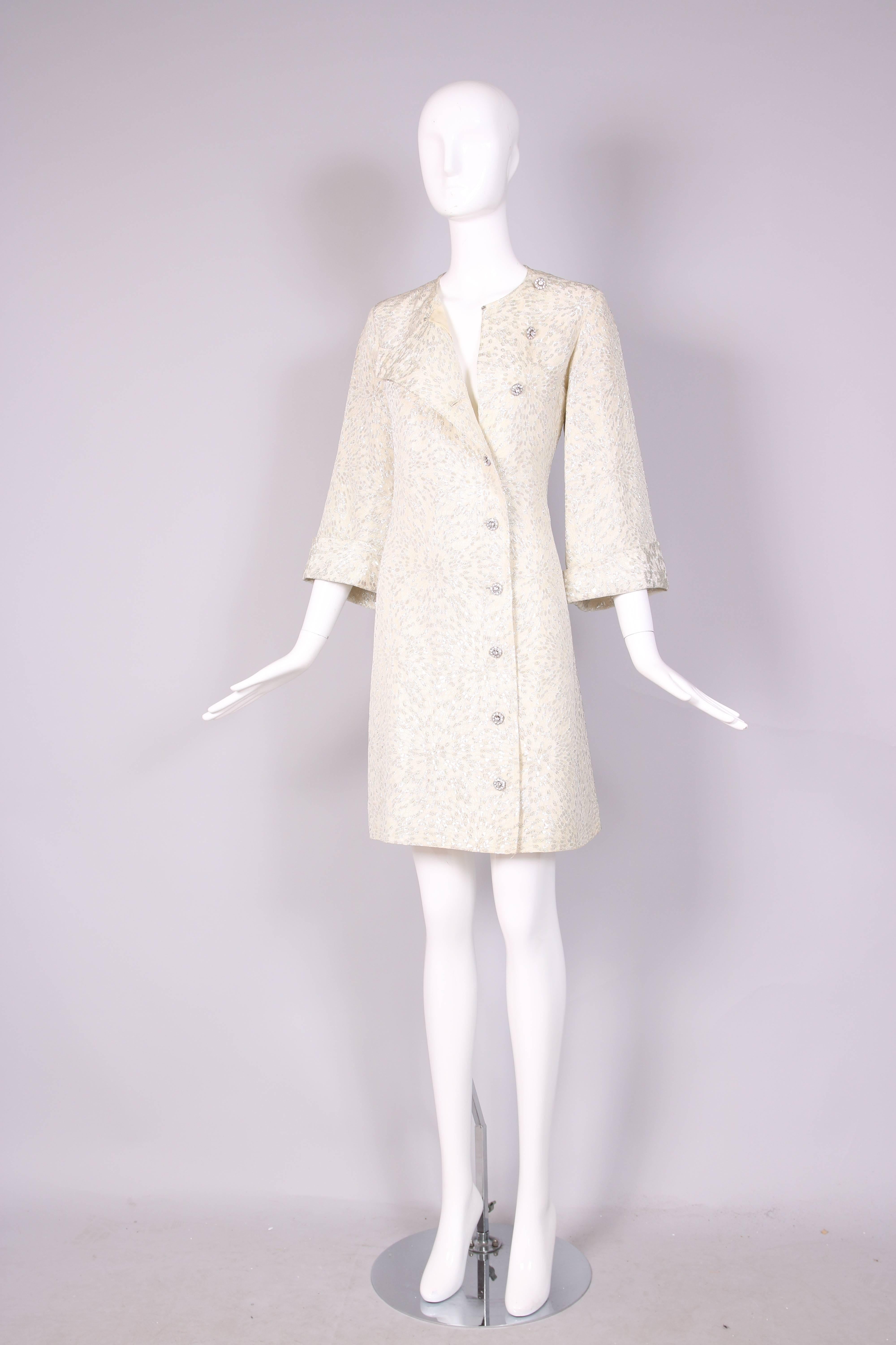 Yves Saint Laurent YSL Silver Brocade Coat Dress w/Rhinestone Buttons Ca.1968 In Excellent Condition In Studio City, CA