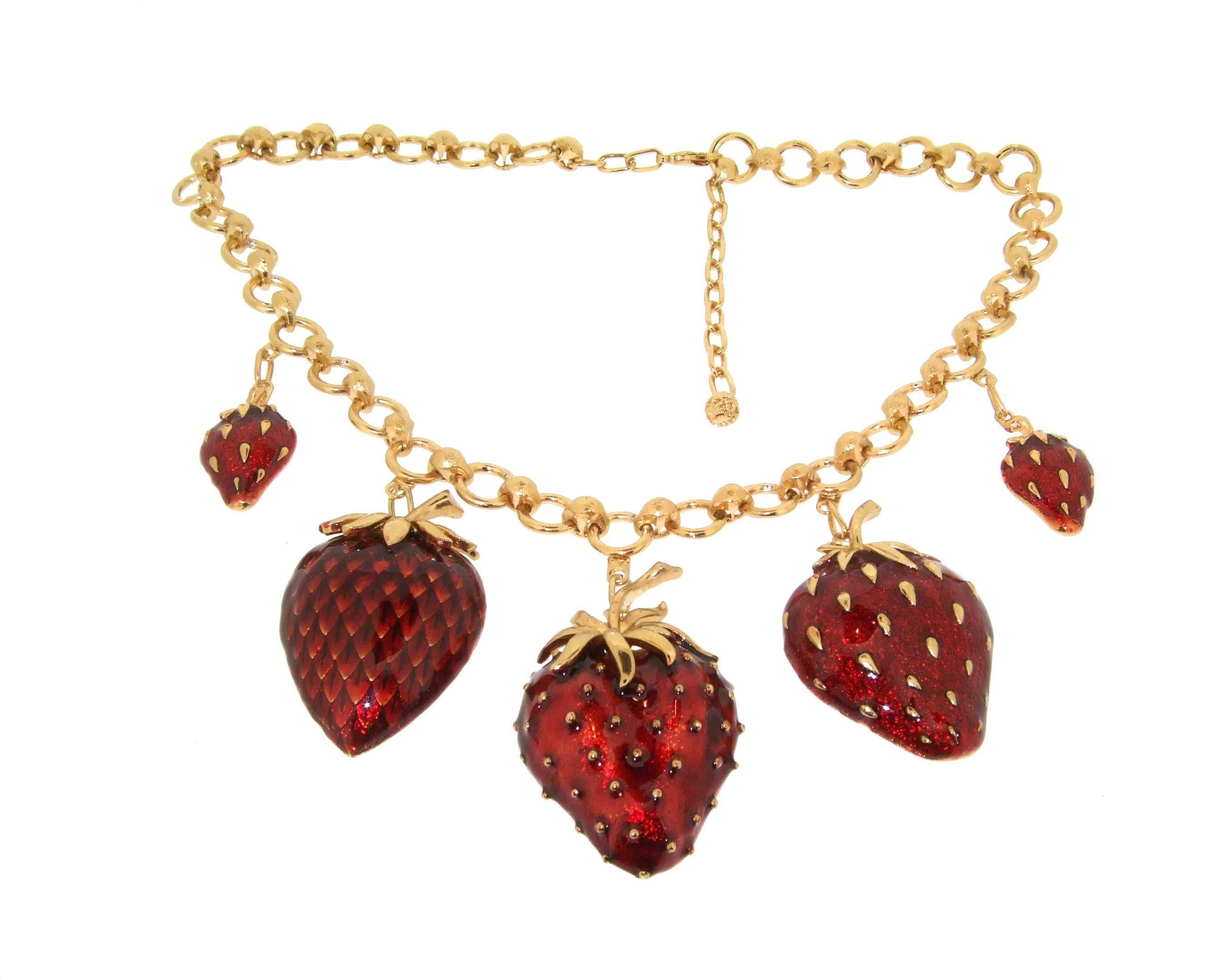 Strawberry Necklace Red Enamel In New Condition For Sale In London, GB