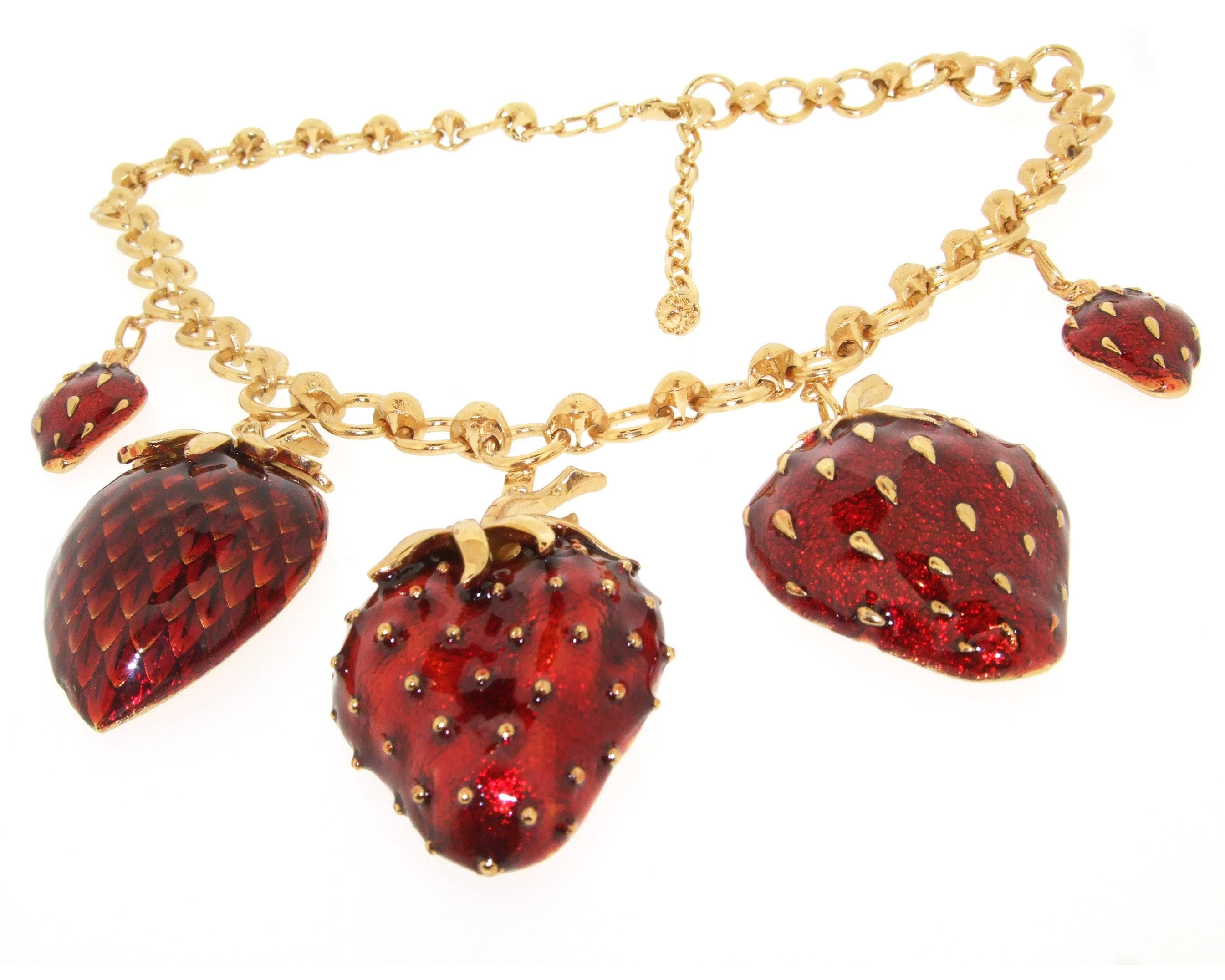 Modern Strawberry Necklace Red Enamel For Sale