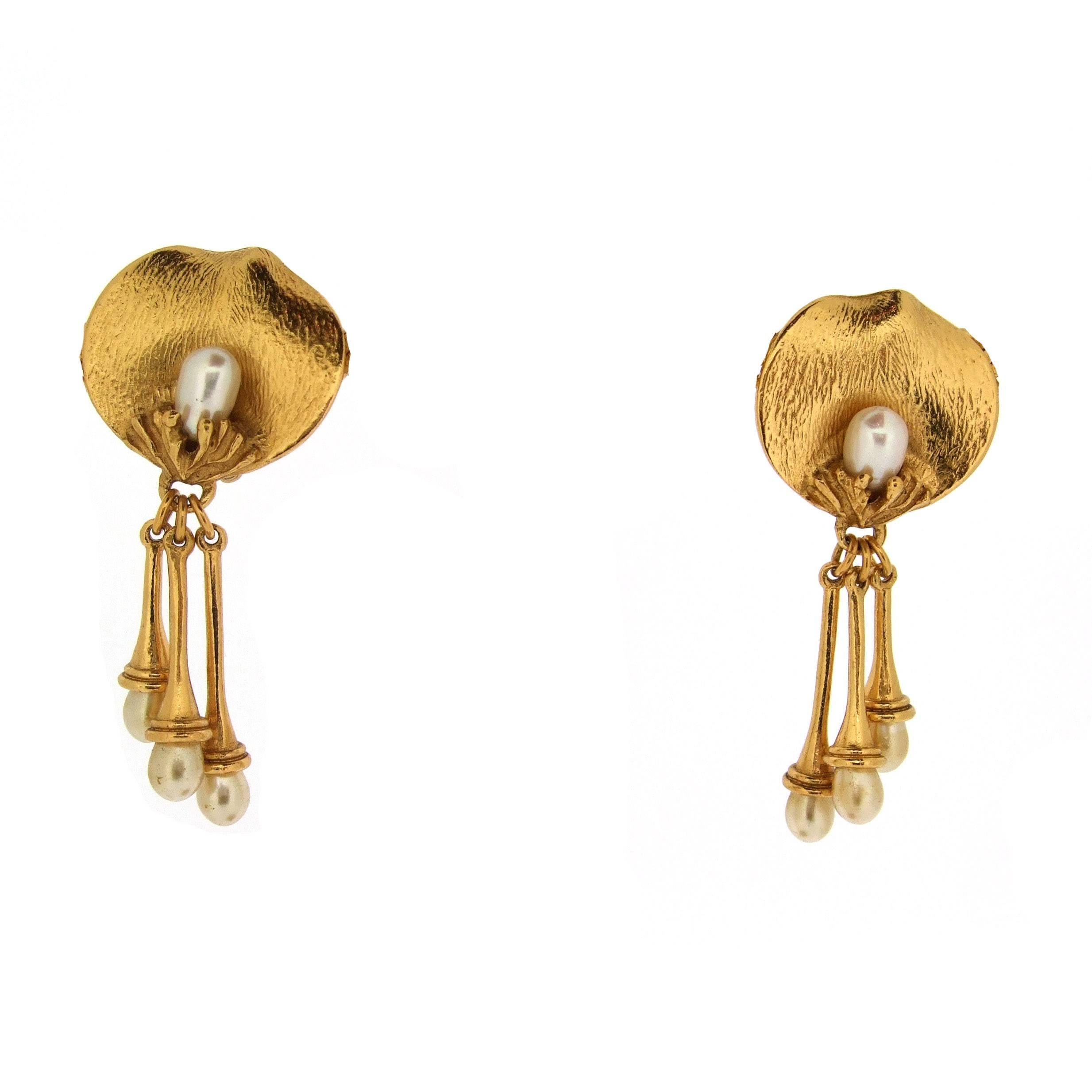 Art Nouveau Kenzo Cala Lily Pearl Drop Earrings For Sale
