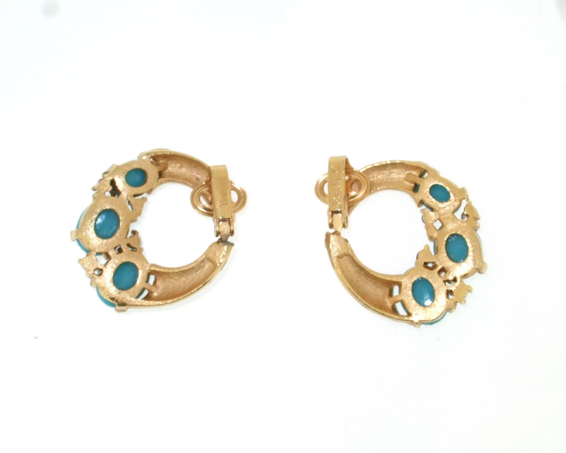 Anglo-Indian White enamel and Turquoise Earrings by Trifari L'Orient Collection 1968 For Sale