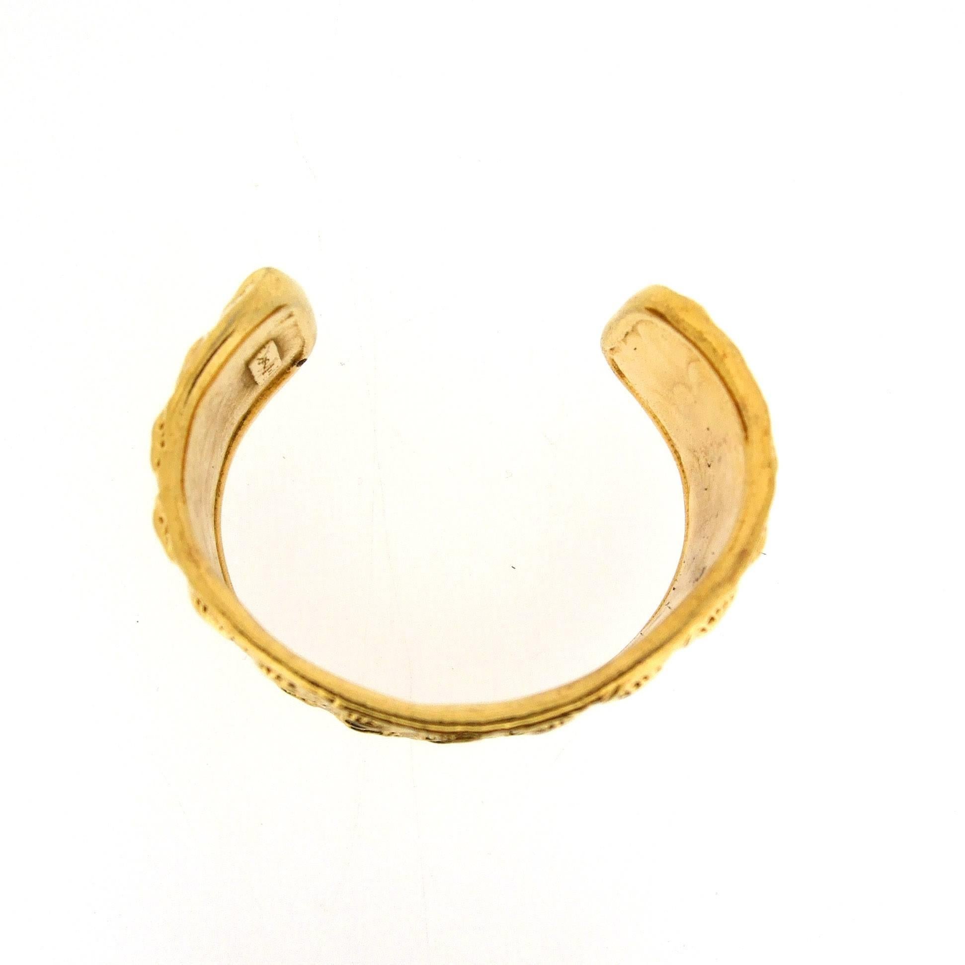 Gold Crocodile Skin Effect Yves Saint Laurent Cuff Bracelet YSL In Excellent Condition For Sale In London, GB