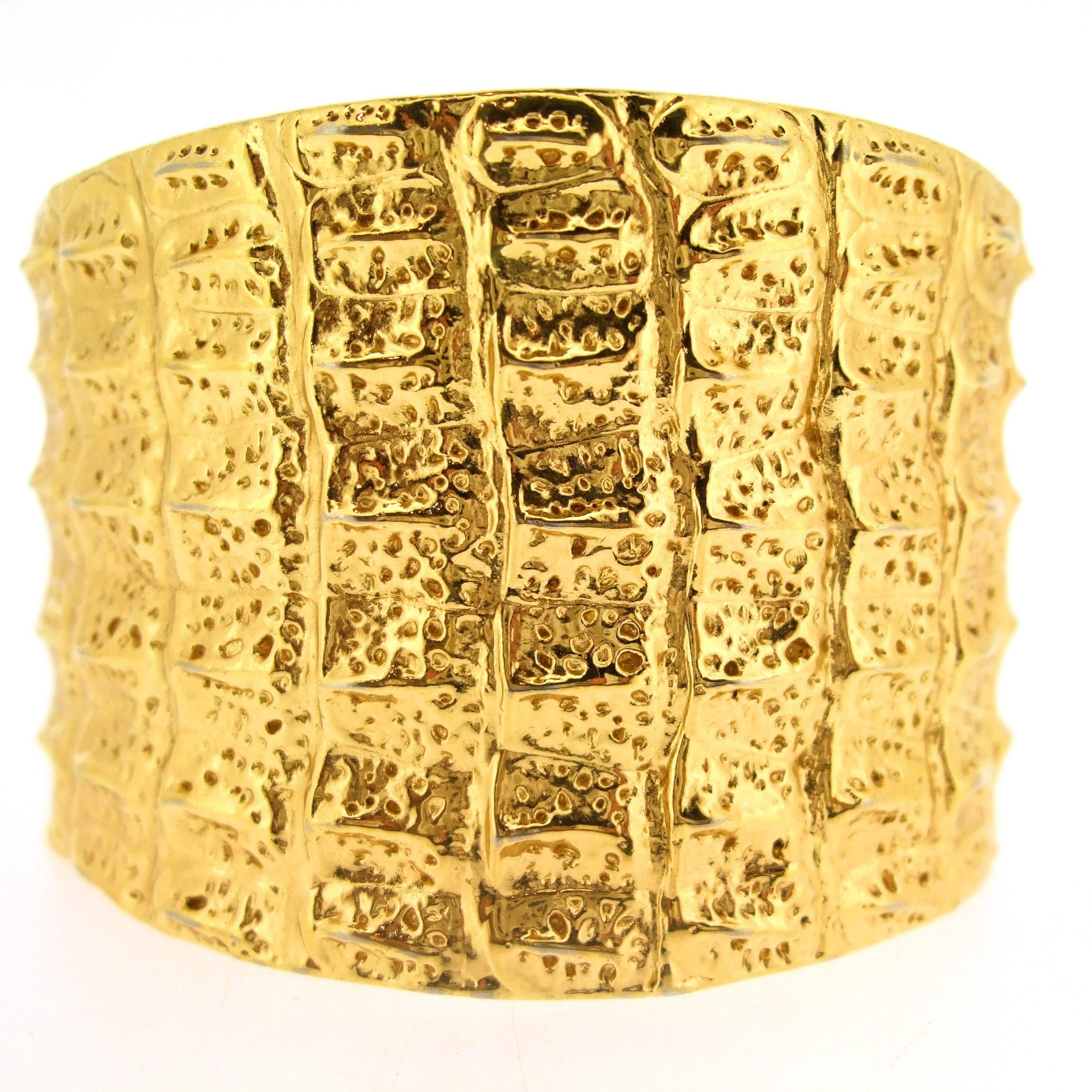 Modern Gold Crocodile Skin Effect Yves Saint Laurent Cuff Bracelet YSL For Sale