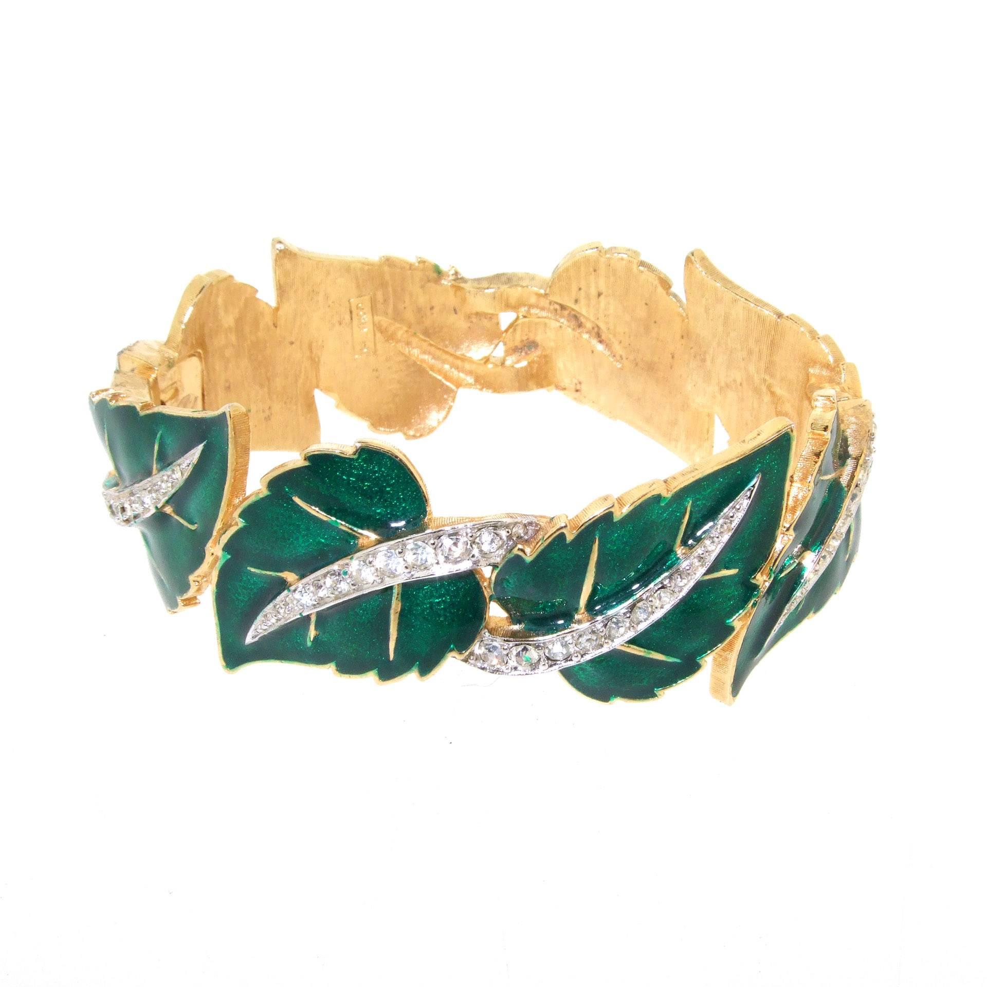 Jomaz Ivy Leaf Enamel Crystal Clamper Bracelet For Sale