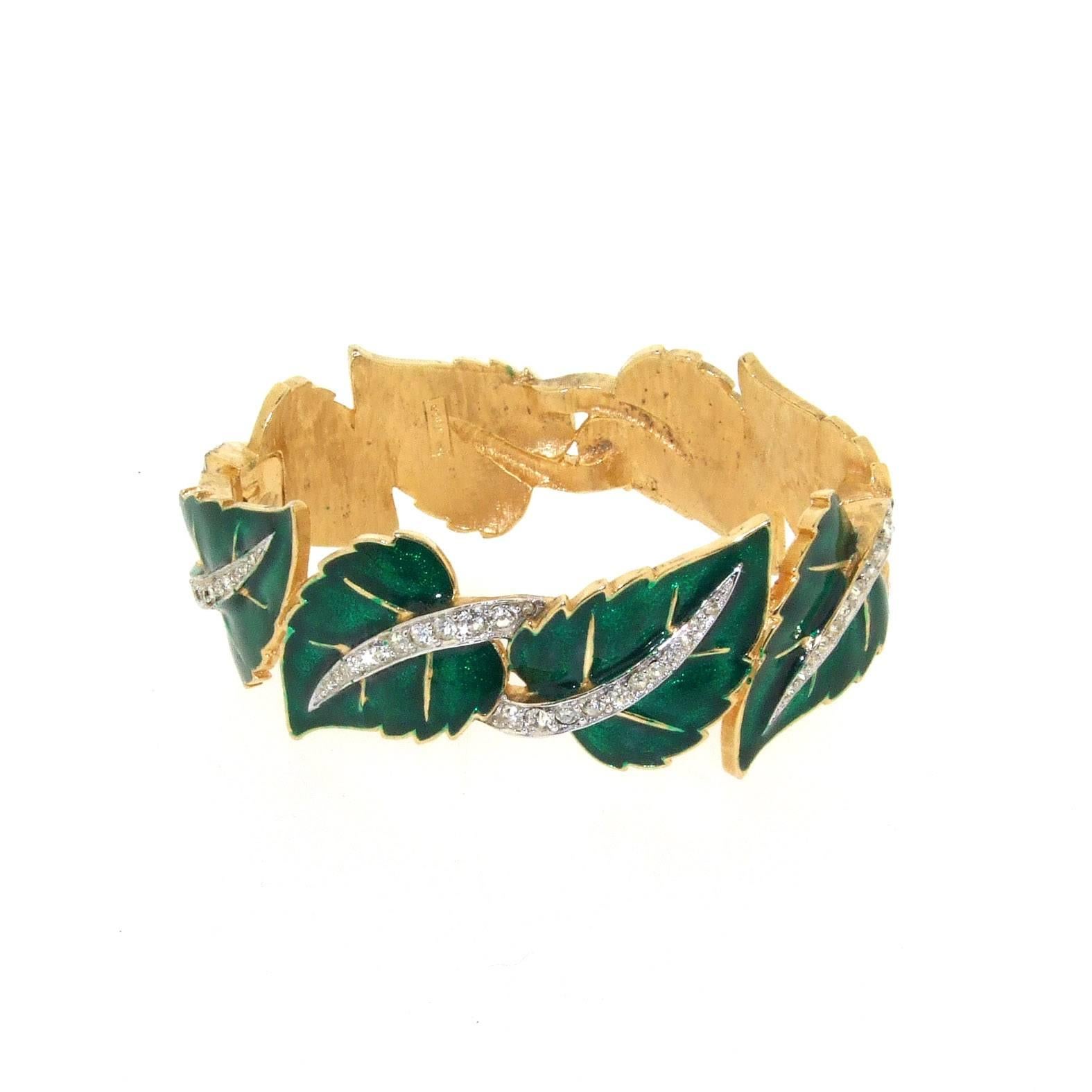 Jomaz Ivy Leaf Enamel Crystal Clamper Bracelet In Excellent Condition For Sale In London, GB