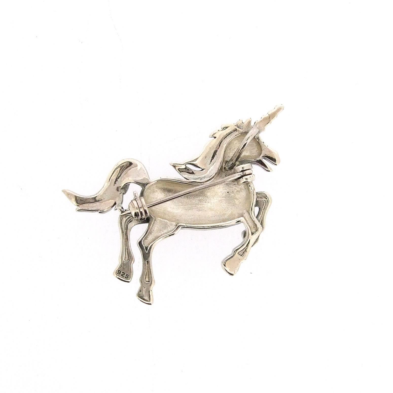 Art Deco Silver Unicorn Brooch with marcasite For Sale