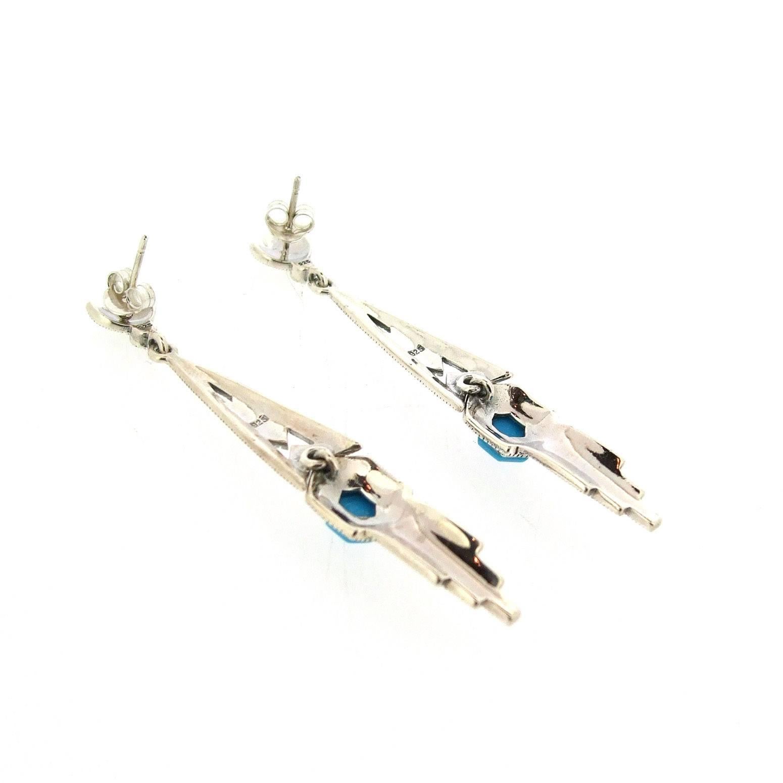 Art Deco Turquoise Silver Marcasite Earrings In New Condition For Sale In London, GB