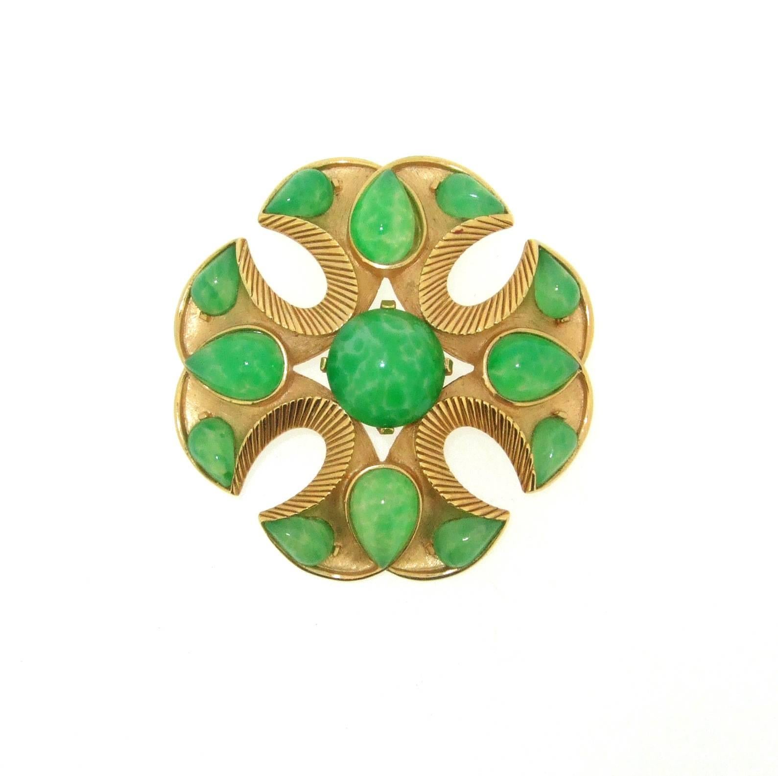 1965 Trifari Brooch Jade Glass Jewels of India Collection