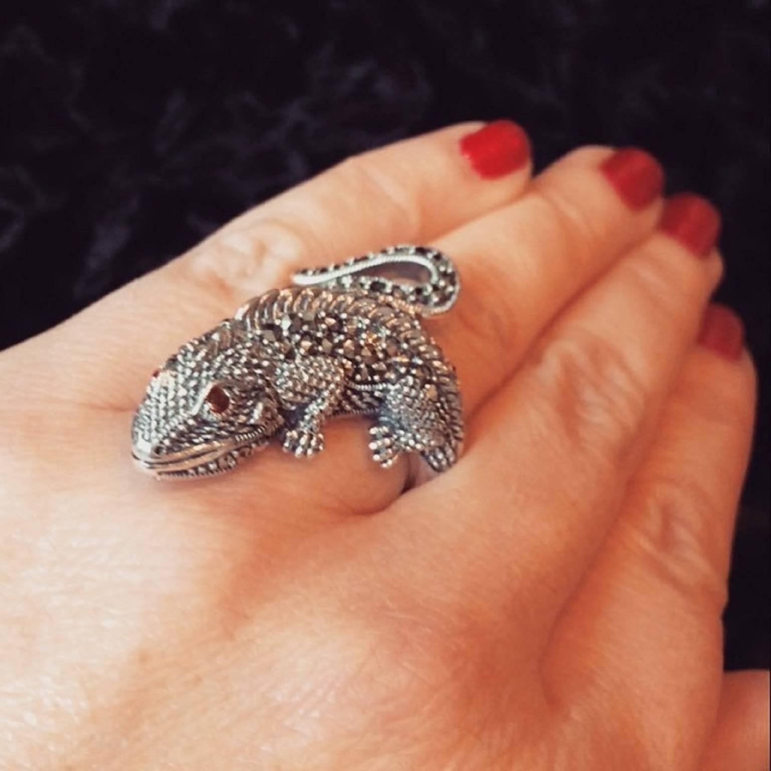 Silver Lizard Iguana Marcasite Ring In New Condition For Sale In London, GB
